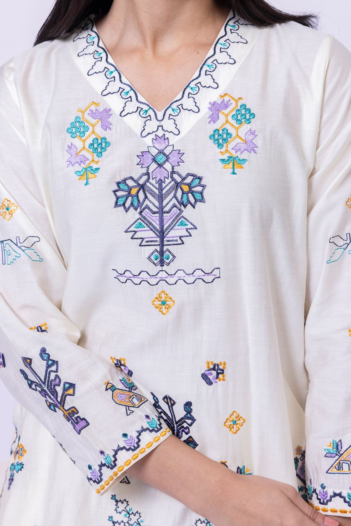 Embroidered Raw Silk Kurta - 1001904070