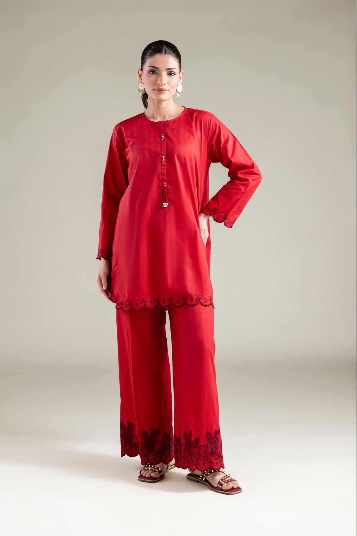 Embroidered Cotton Dobby Short Solid Kurta - 1-26-113-A-B-VG