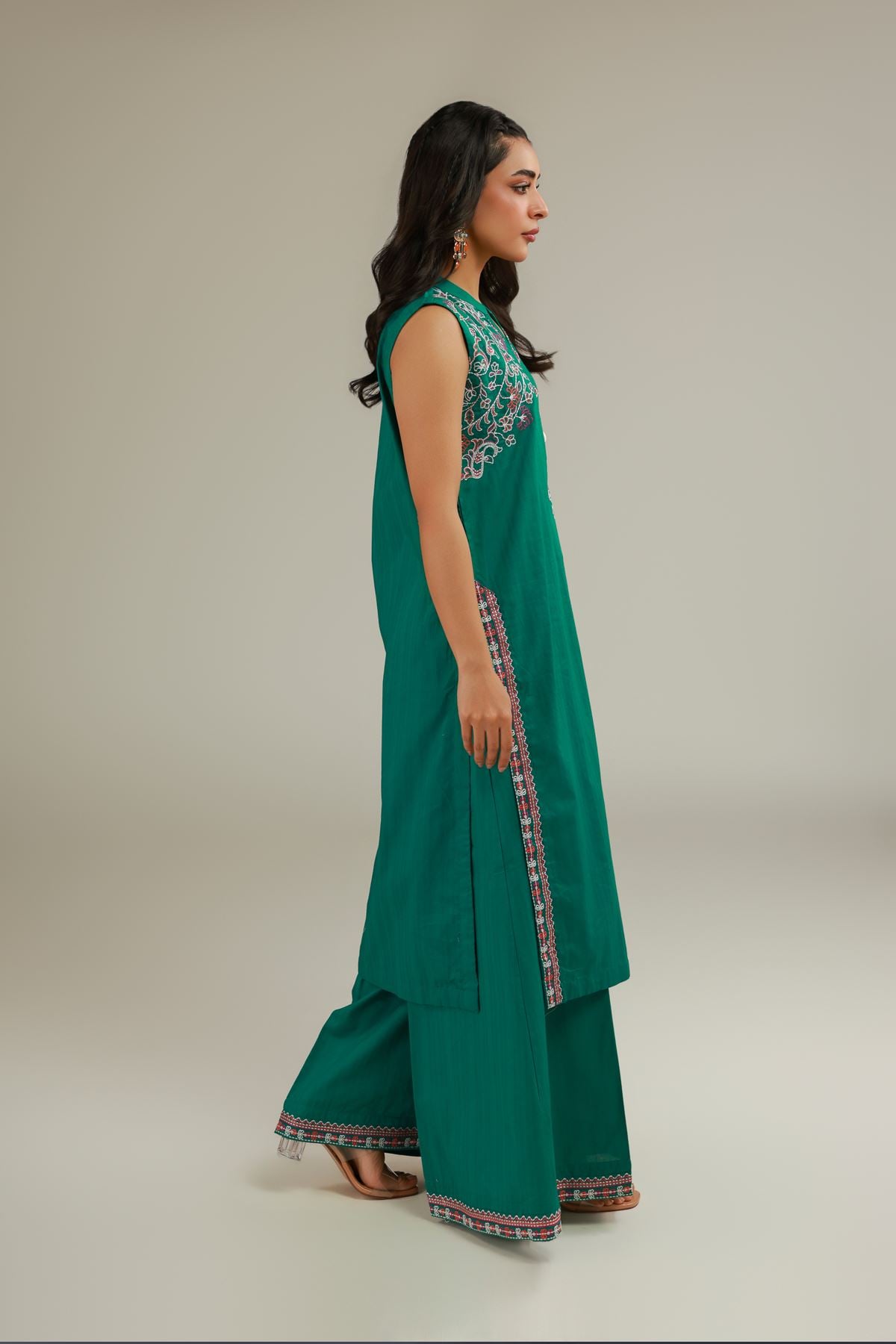 Embroidered Cotton Dobby Green Sleeveless Kurta - 25-09-11E11-07TB-VG