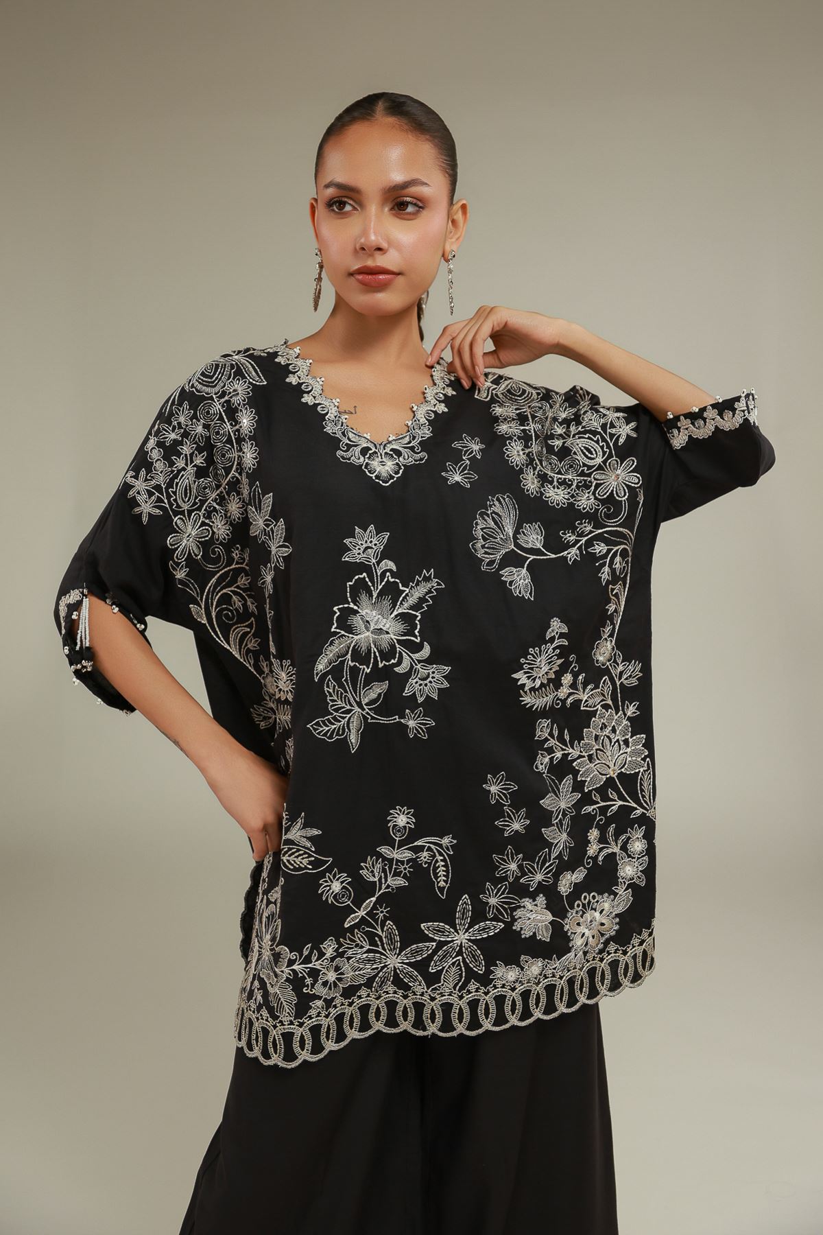 Embroidered Raw Silk Floral Pearled Kurta - 2-26-101-A-G-VG