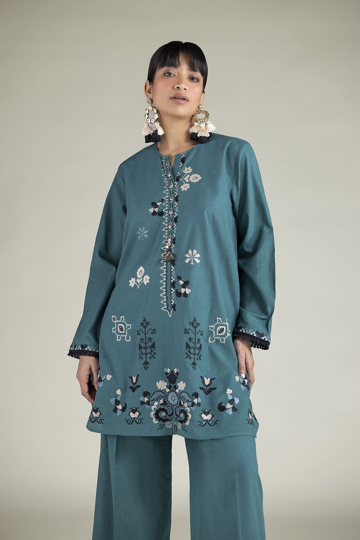 Embroidered Cambric Teal Tailored 2-Piece - T-A22-26-218FH1-VG