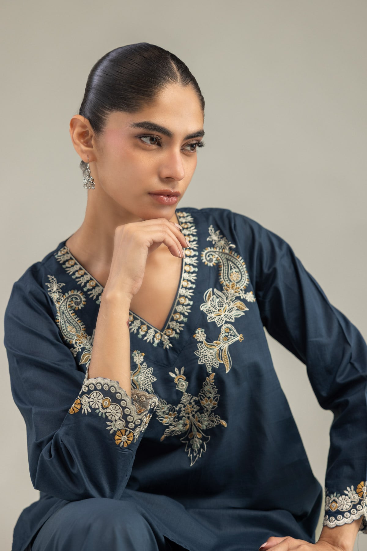 Embroidered Cambric Short Navy Kurta - 1-26-102-A-F-VG