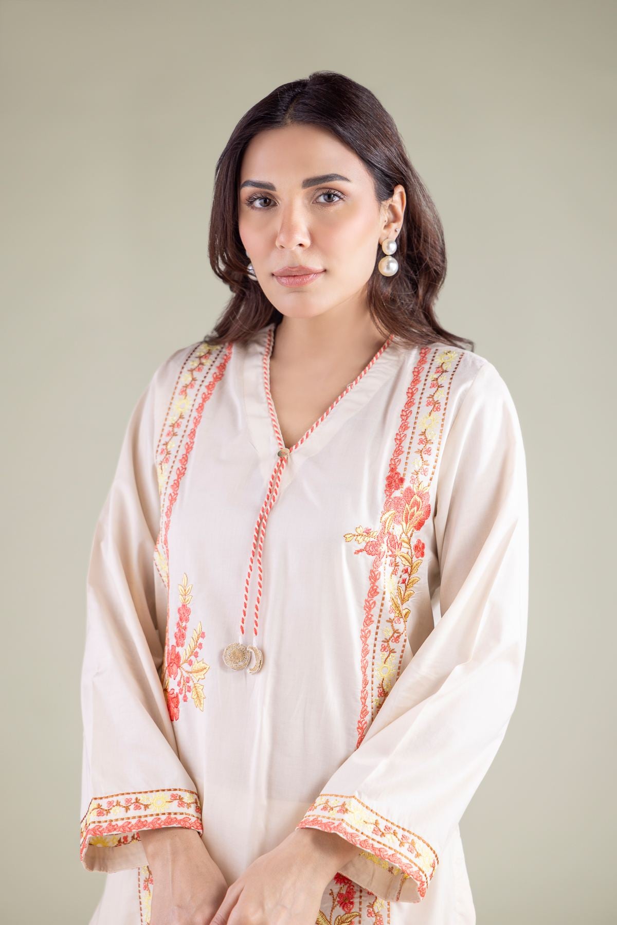 Embroidered Cambric Floral V-Neck Kurta - 1-26-127-A-A-VG