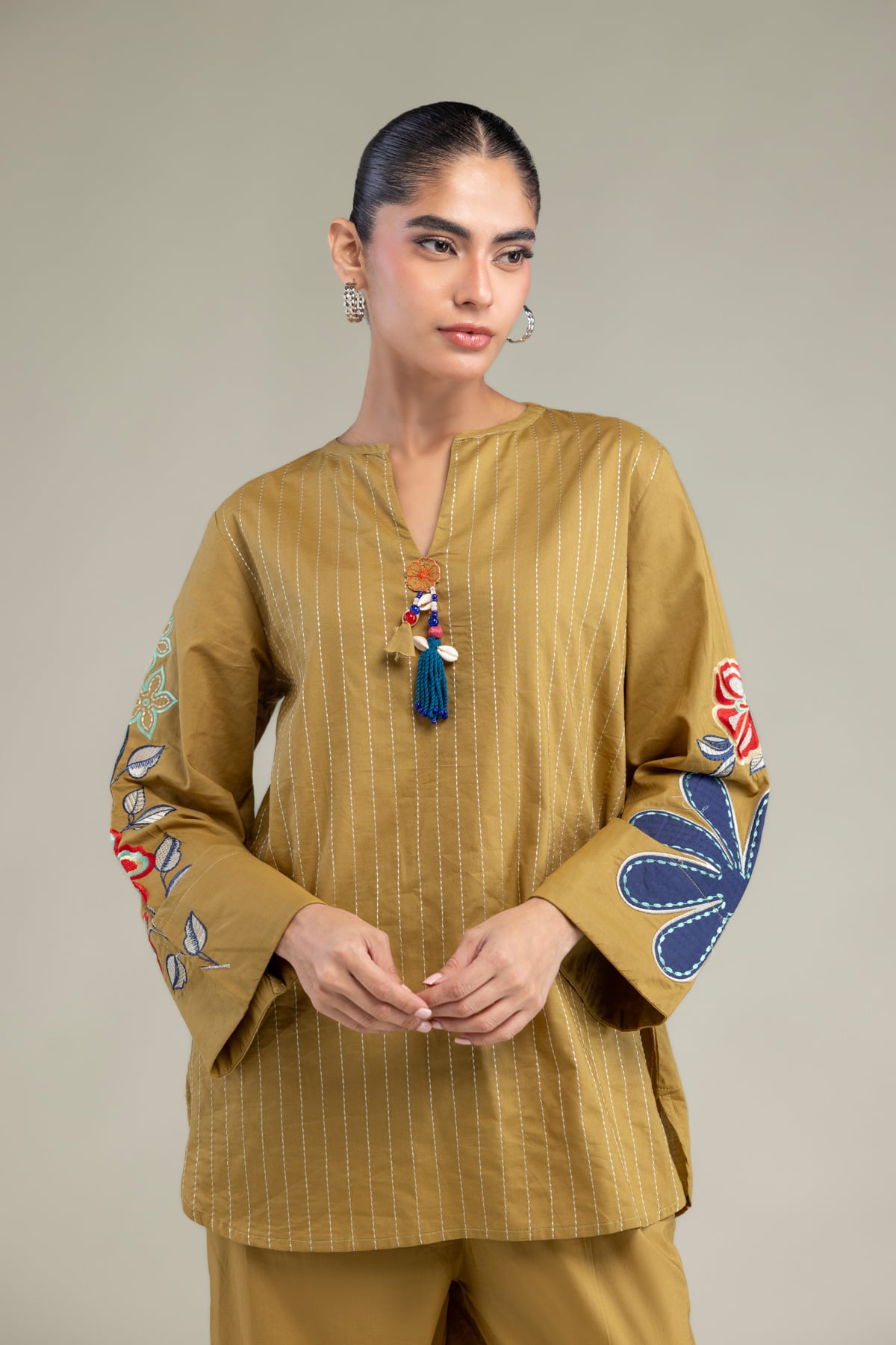 Embroidered Cambric Mustard V‑Neck Tunic - 1-26-102-A-F-VG