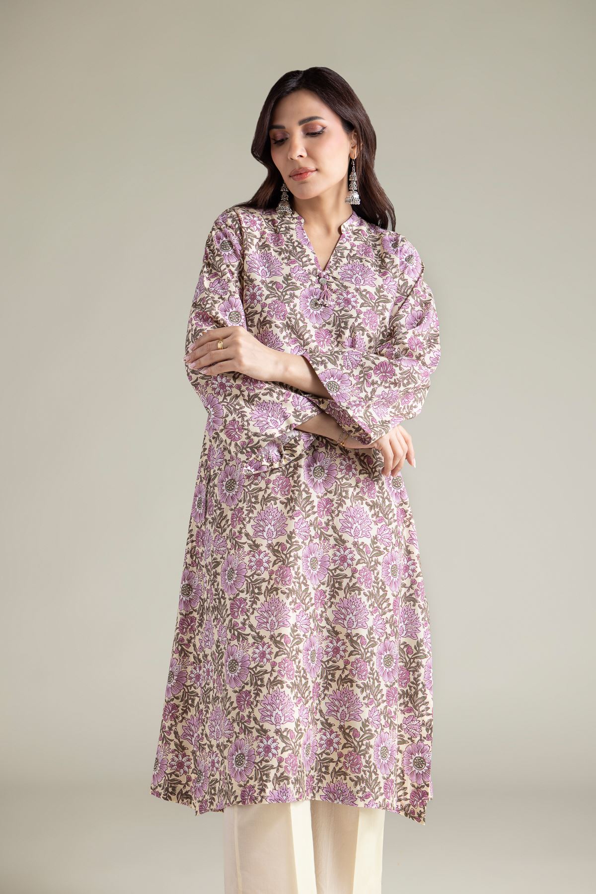 Embroidered Cambric Beige V-Neck Kurta - T-A112-26-108EC2-VG