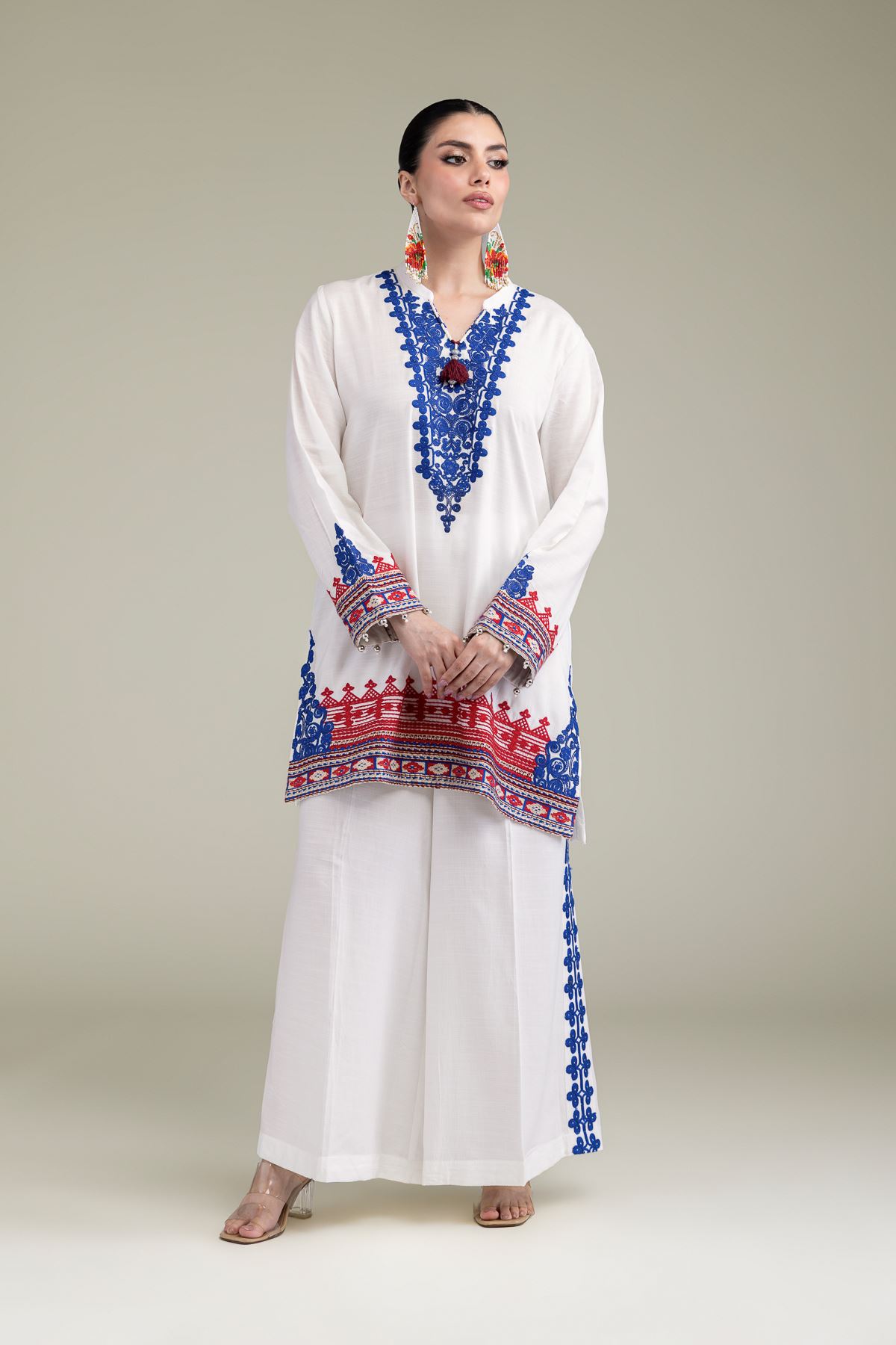 Embroidered Raw Silk White V-Neck Kurta - T-A11-26-108FE2-VG