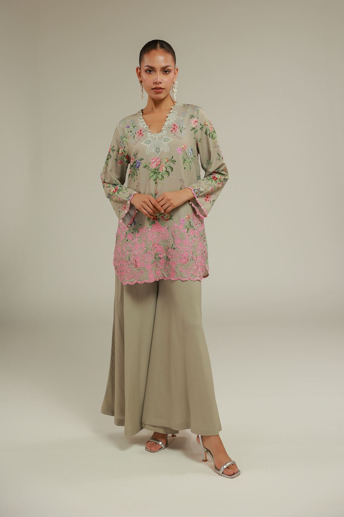 Embroidered Raw Silk Floral V-Neck Kurta - 1-26-119-A-D-VG