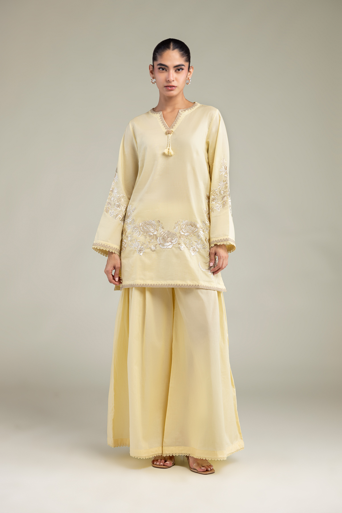 Embroidered Cambric Floral Yellow Kurta - 1-26-102-A-F-VG