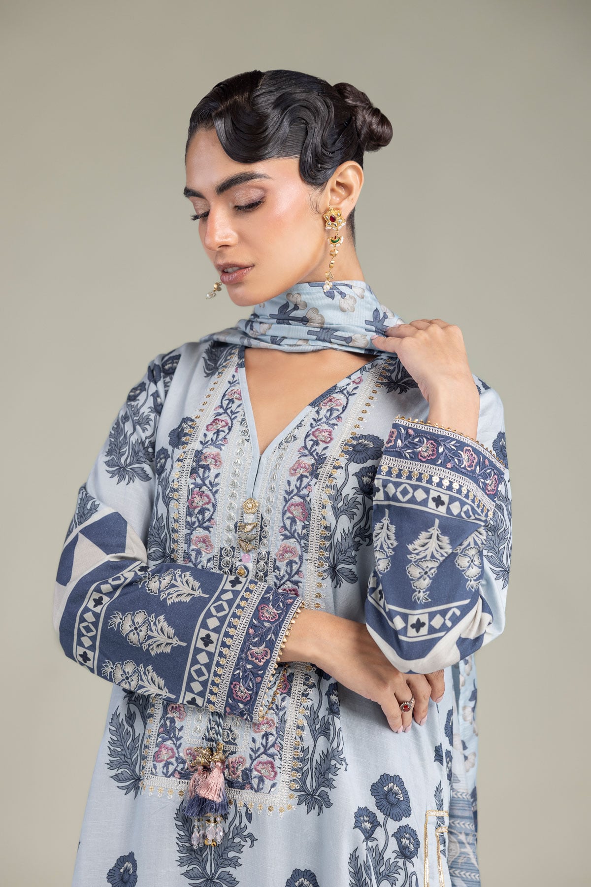 Embroidered Polyester Silk Blue Silk Dupatta - 1-26-102-A-F-VG