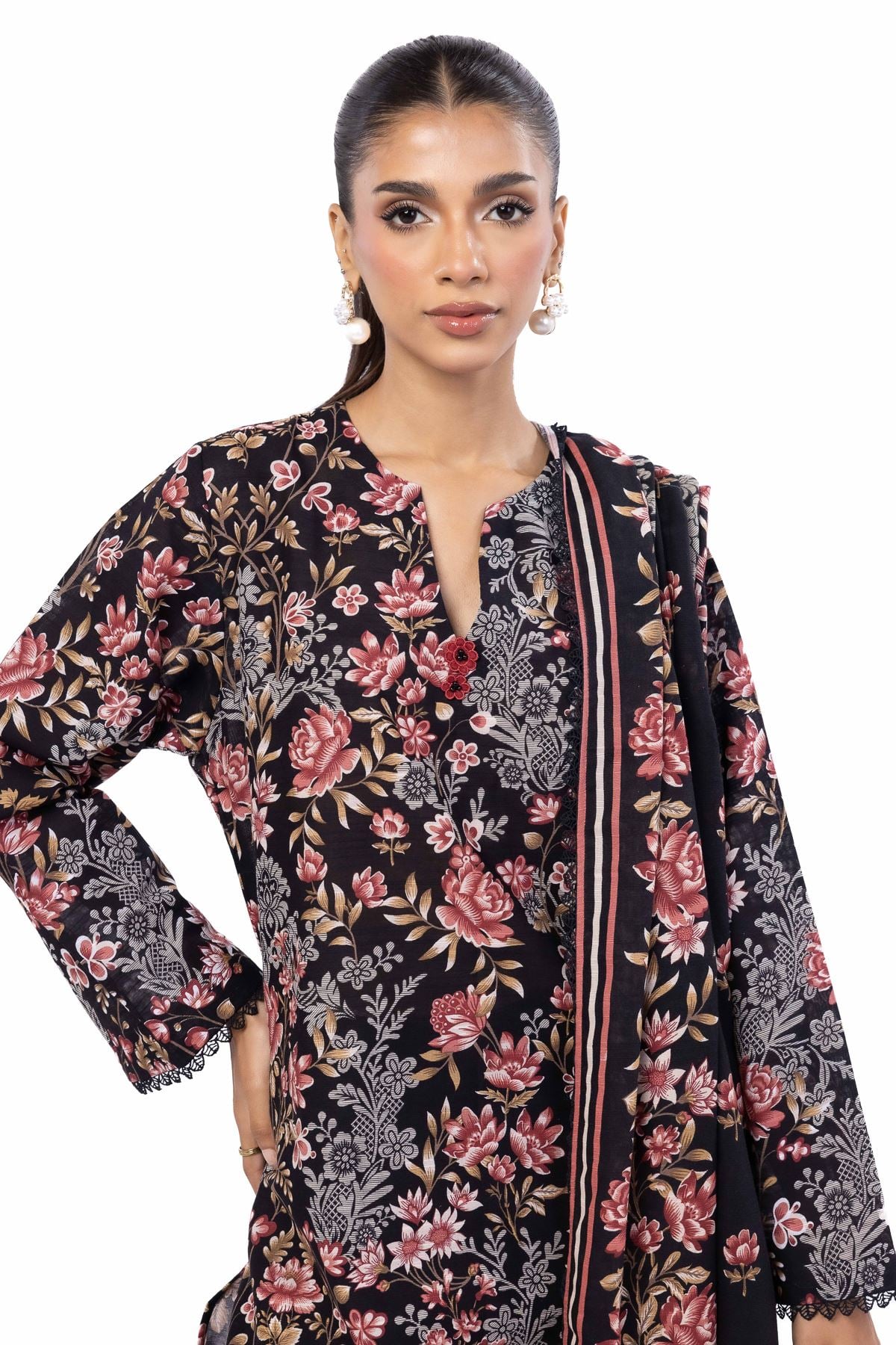 Embroidered Slub Cotton Fabrics 3 Piece - KW33B-VG