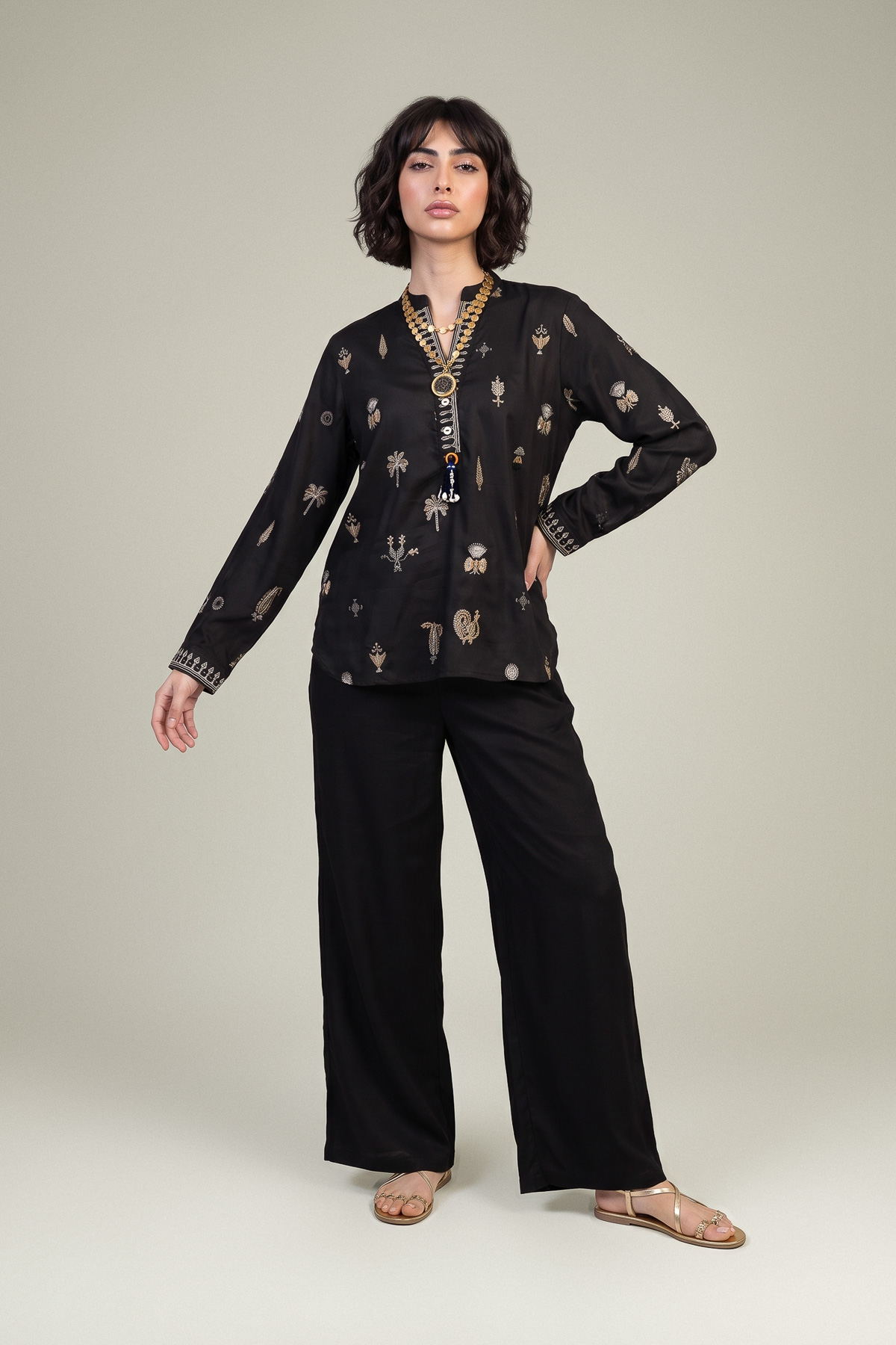 Embroidered Viscose Crepe Black Viscose Trousers - 1-26-102-A-F-VG