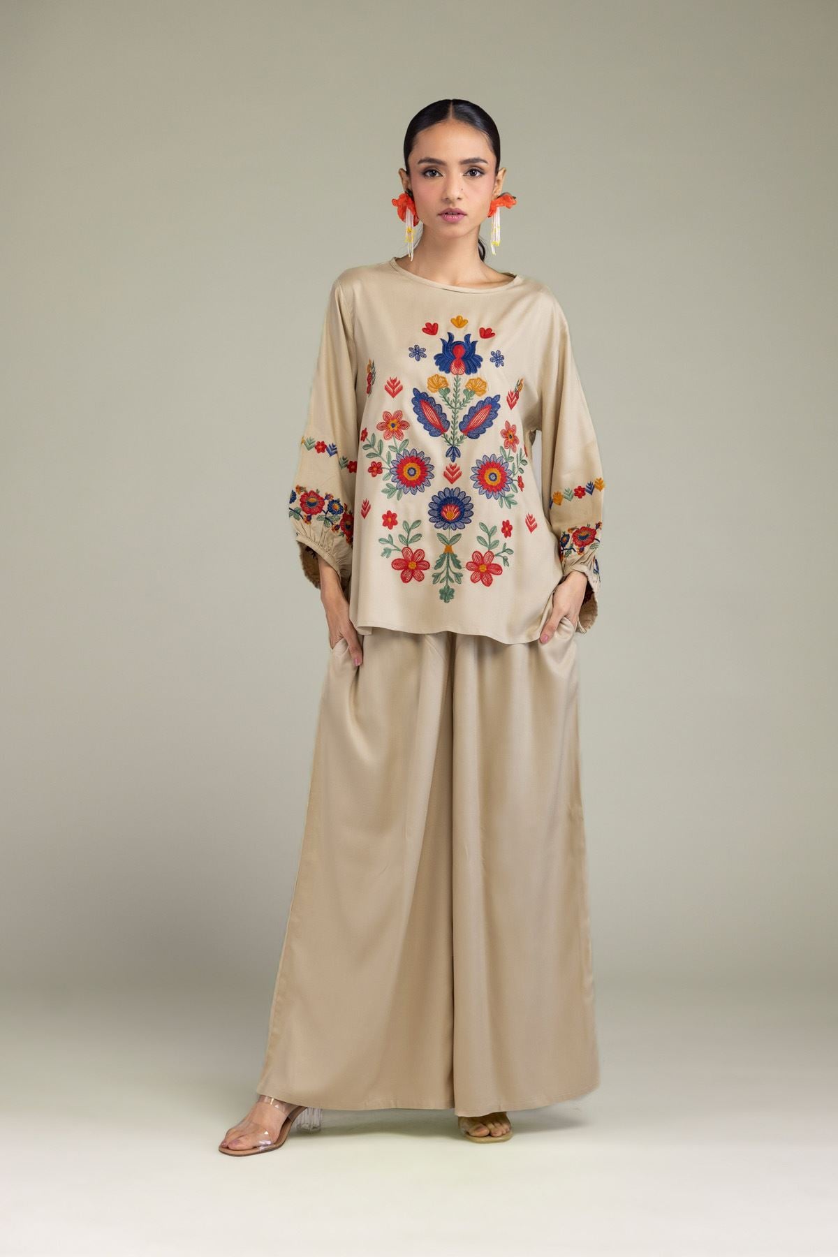 Embroidered Viscose Crepe Solid Viscose Trousers - 6-26-202-A-E1-VG