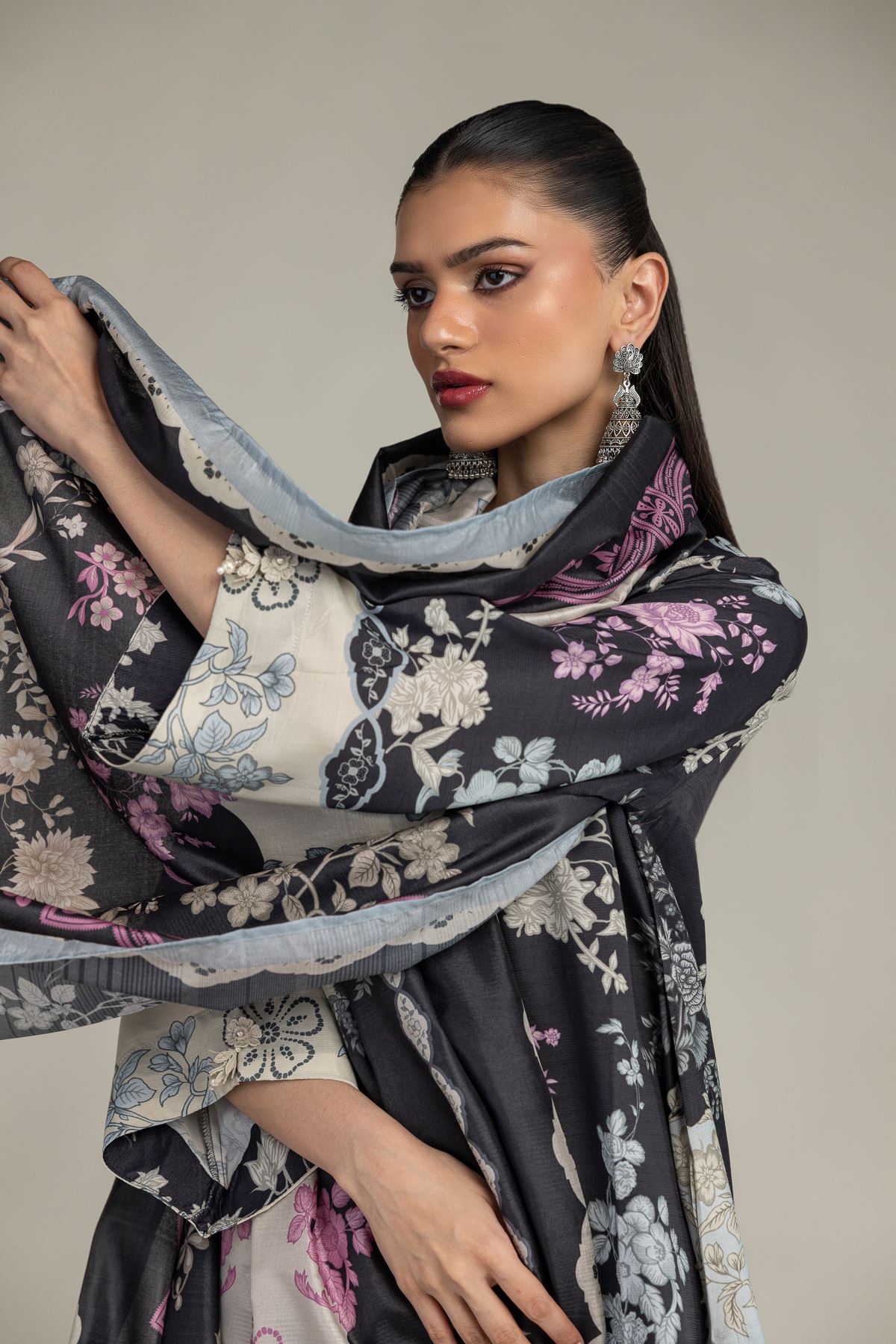Embroidered Polyester Silk Black Floral Dupatta - 1-26-203-A-J2-VG