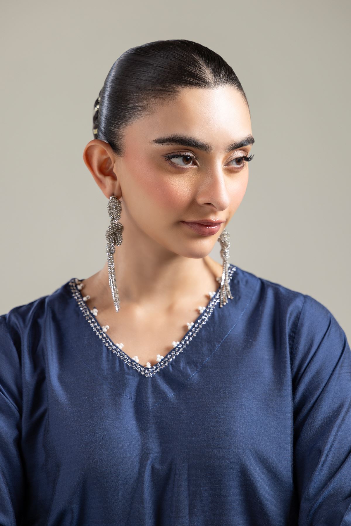 Raw Silk Navy V-Neck Kurta - 6-26-206-A-J2-VG