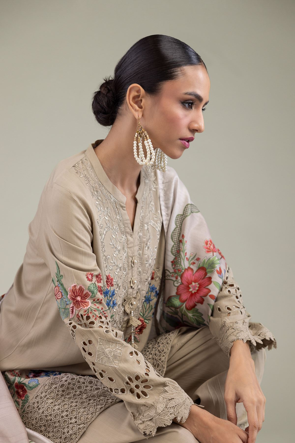 Embroidered Raw Silk Floral Silk Kurta - 1-26-131-A-B-VG