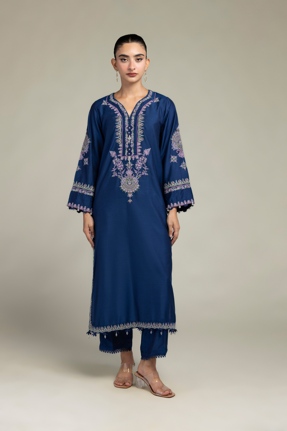 Embroidered Raw Silk Navy Longline Kurta - 1-26-249-A-J2-VG