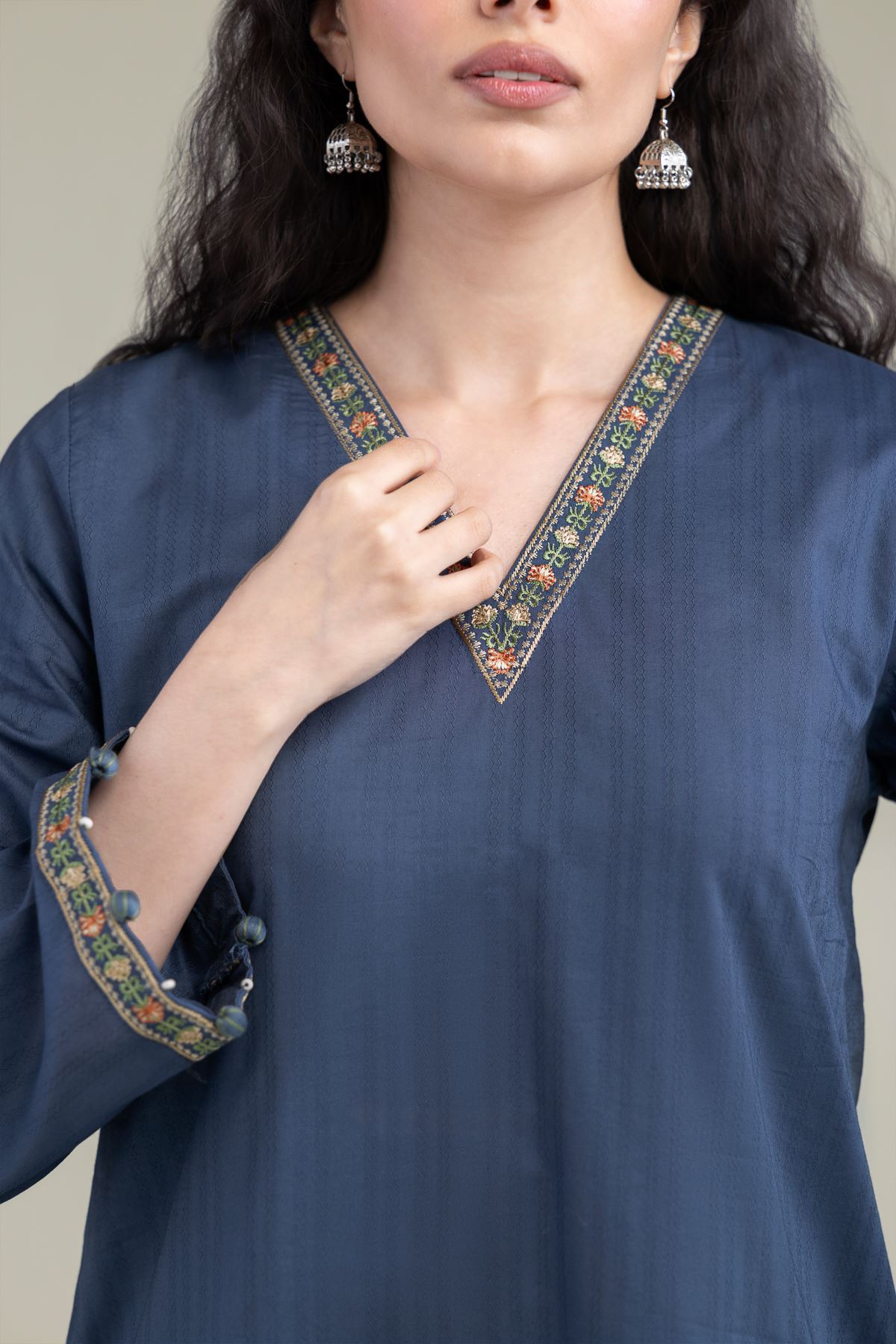 Embroidered Cotton Dobby Navy V-Neck Kurta - T-A11-26-105FJ1-VG