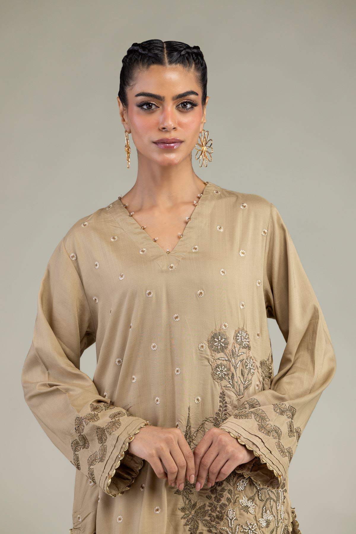 Embroidered Raw Silk Floral V-Neck Kurta - 2-26-203-A-F1-VG