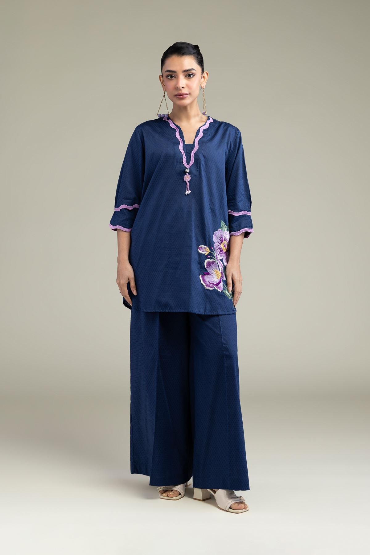 Embroidered Cotton Dobby Floral V-Neck Kurta - 1-26-247-A-G1-VG