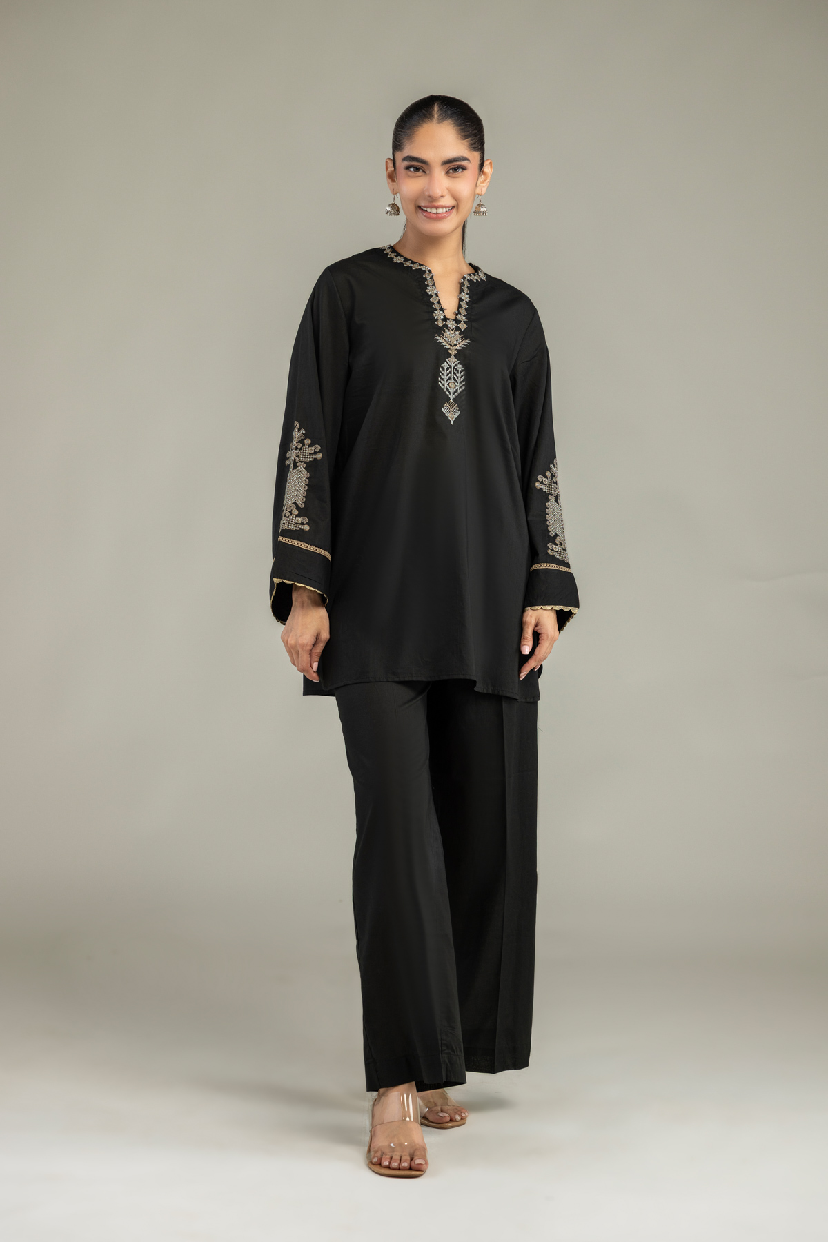 Embroidered Cambric V-Neck Black Kurta - 1-26-102-A-F-VG