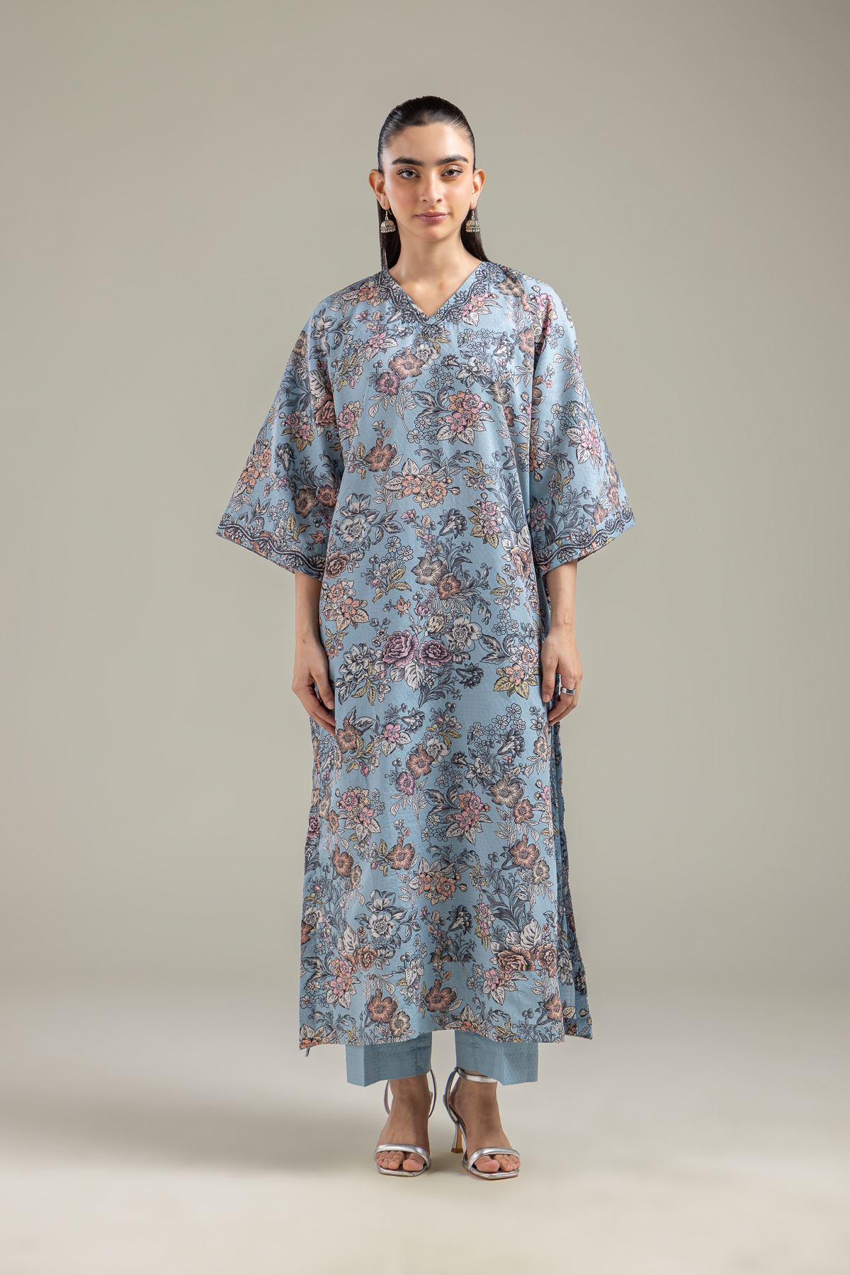 Embroidered Cotton Dobby Blue Longline Kurta - 2-26-107-A-F-VG