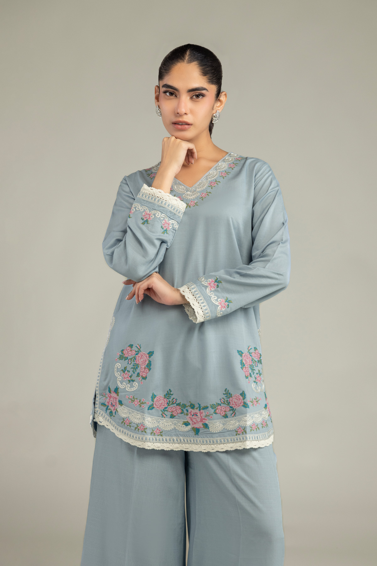 Embroidered Raw Silk Blue Floral Kurta - 1-26-102-A-F-VG