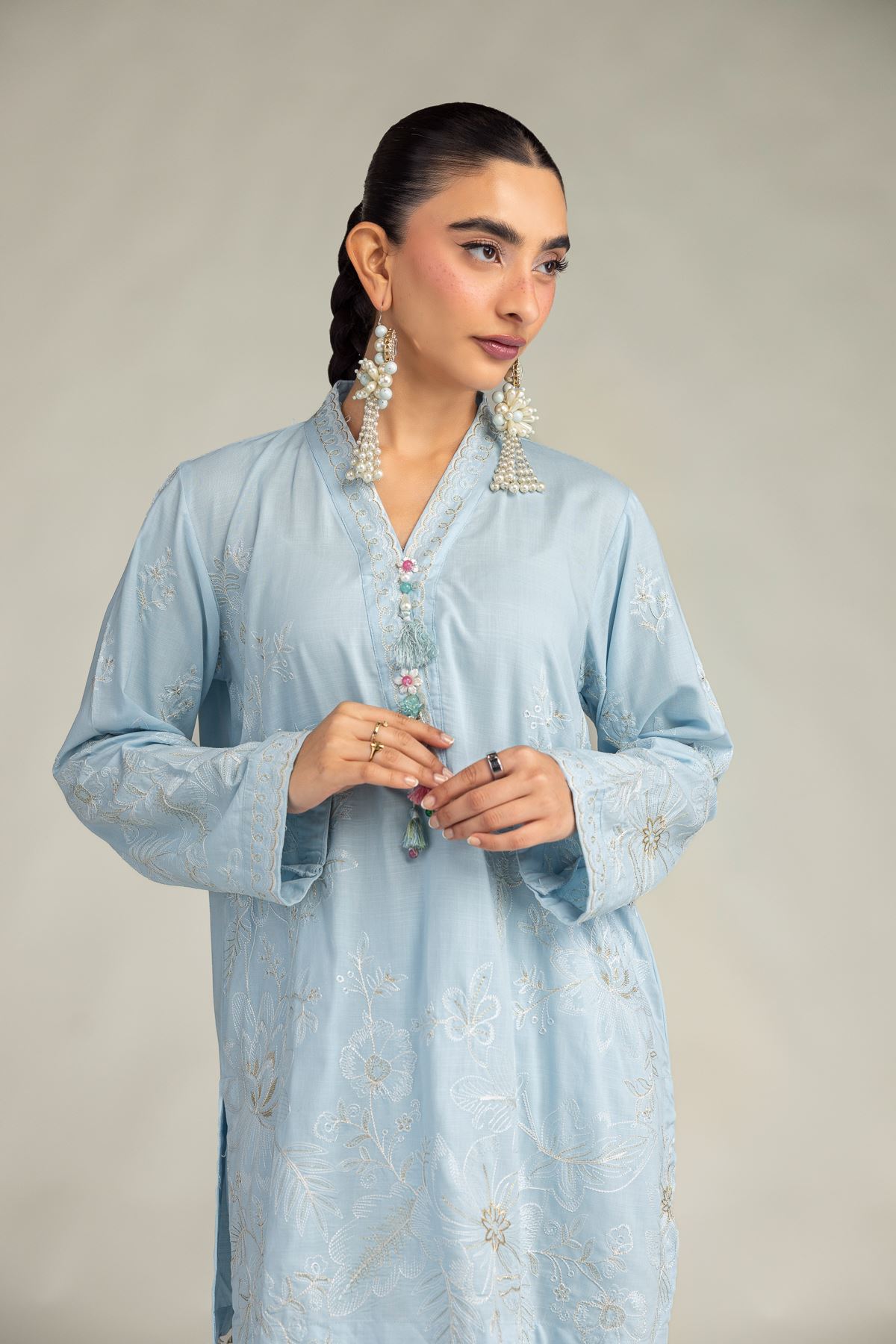 Embroidered Raw Silk Blue Floral Kurta - 1-26-322-B-A1-VG