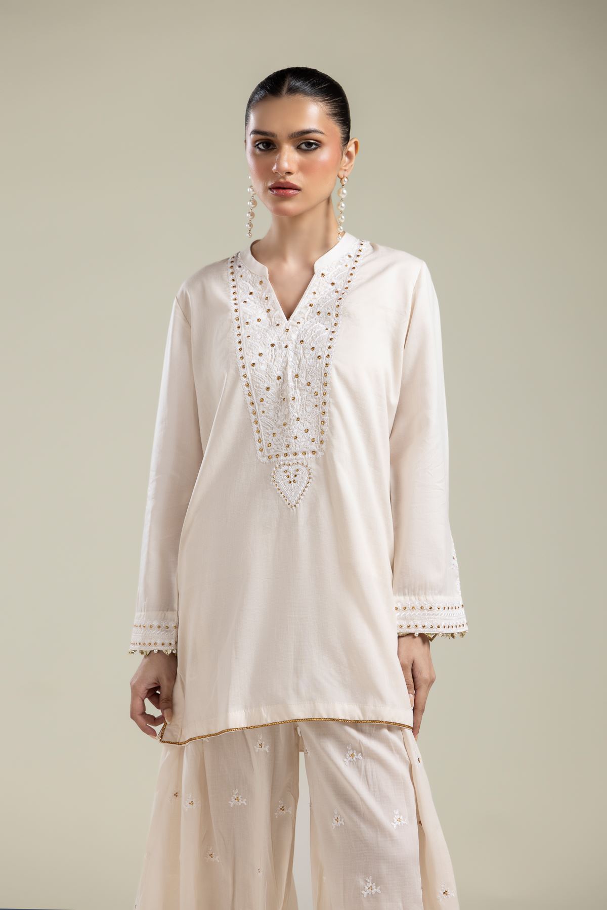 Embroidered Textured Weave Short V-Neck Kurta - 1-26-106-A-D-VG