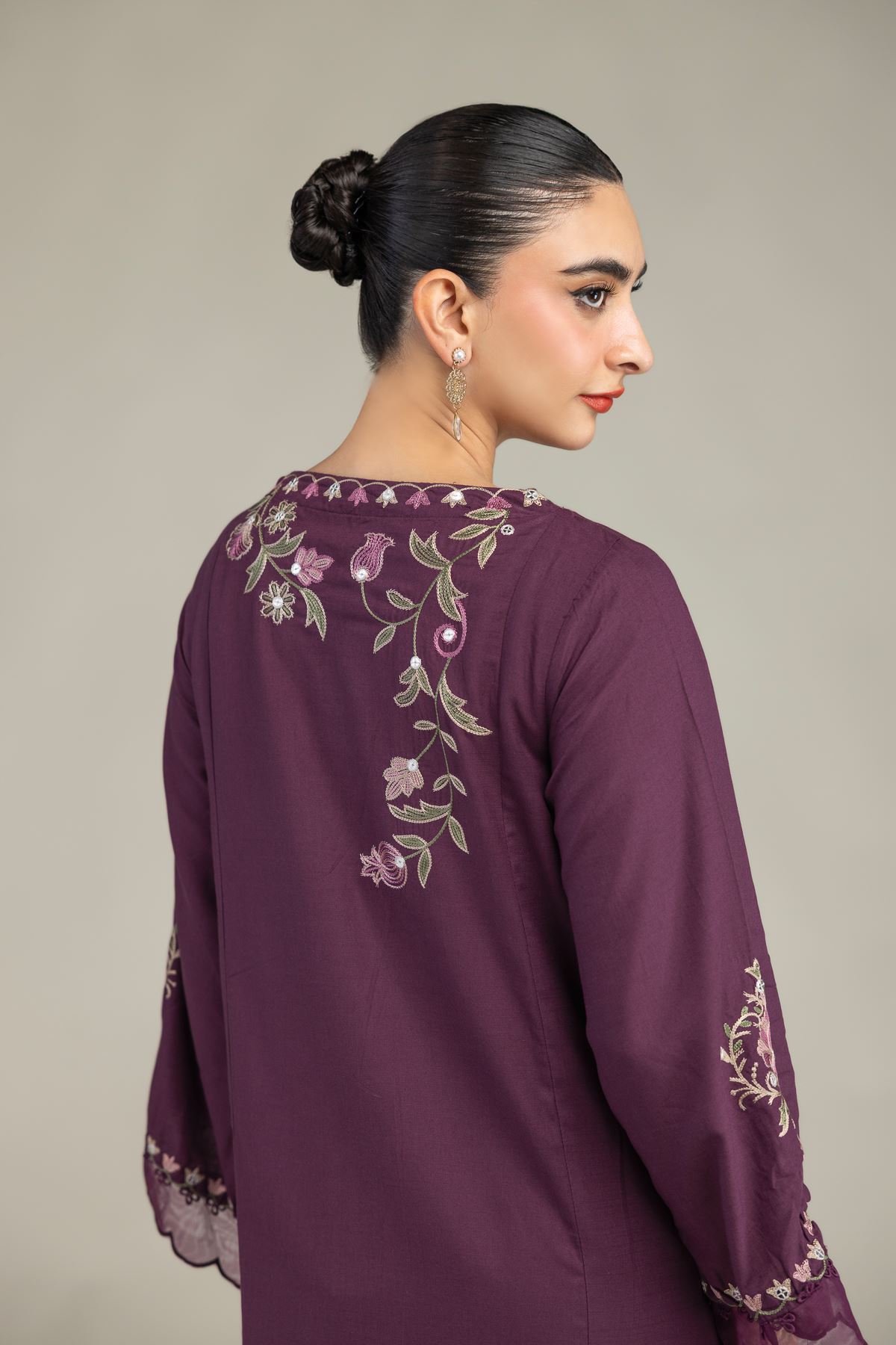 Embroidered Raw Silk Floral Threadwork Kurta - 12-26-106-F-D-VG