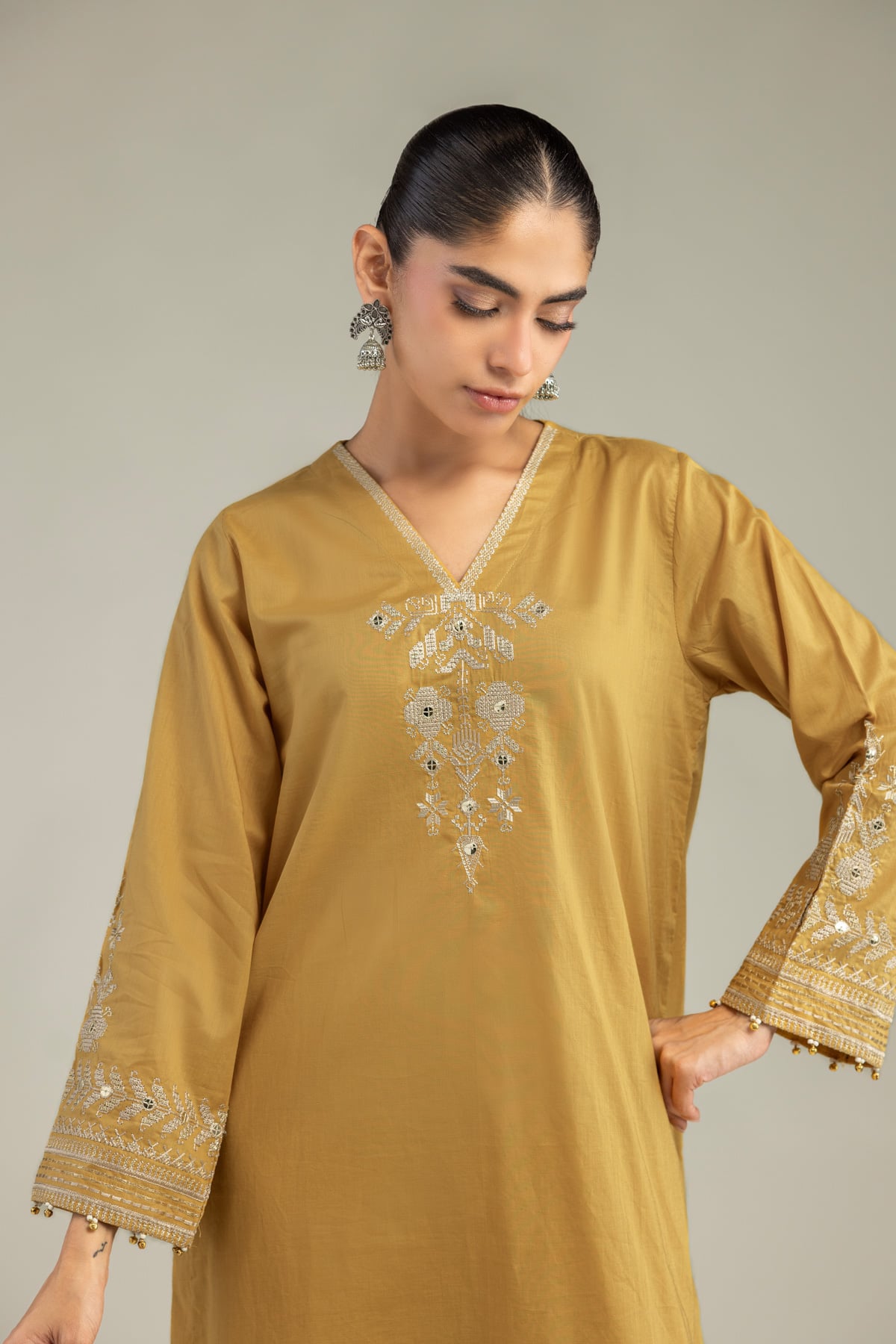 Embroidered Cambric Short Mustard Kurta - B1-2-26-106-A-C-VG