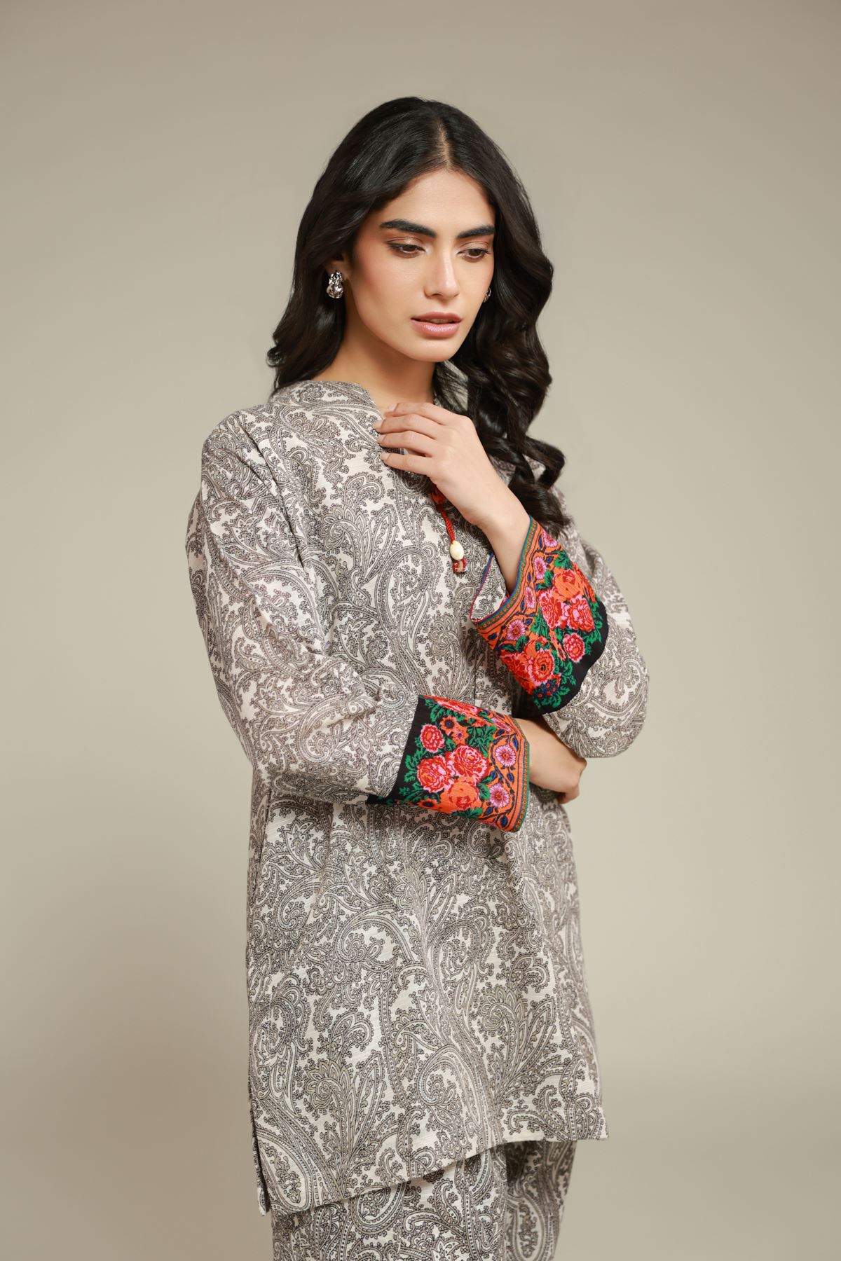 Printed Textured Cotton Short Paisley Kurta - 1-26-143-A-F-VG