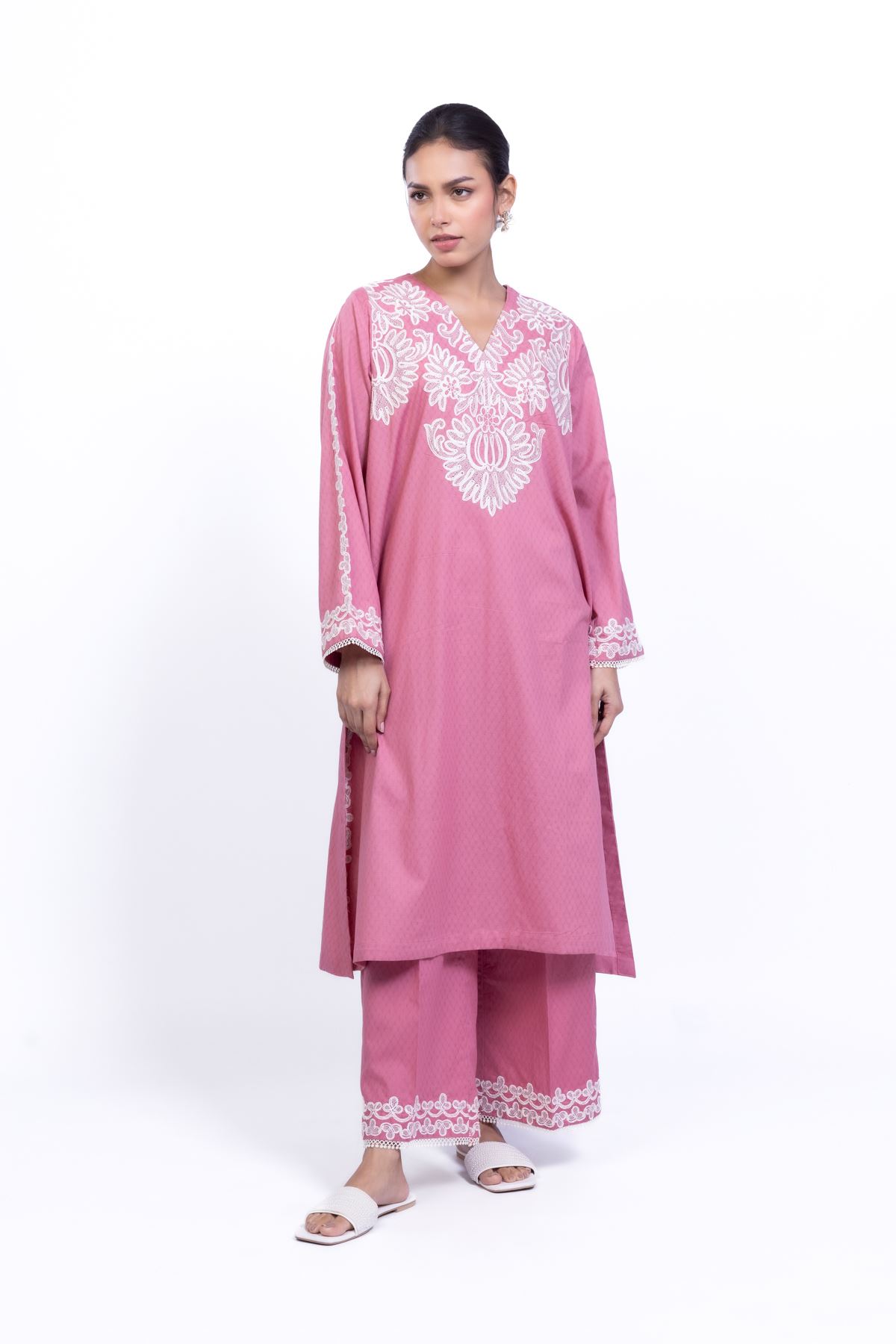Embroidered Cotton Dobby Pink Cotton Pants - 1-26-223-B-F1-VG