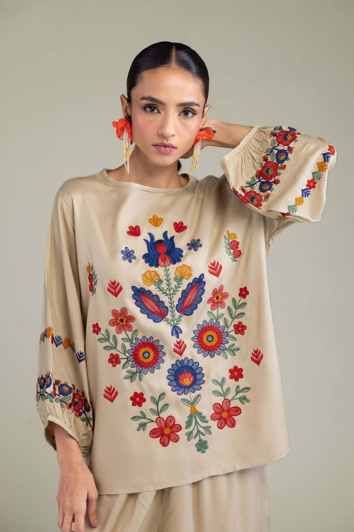 Embroidered Viscose Crepe Floral Beige Blouse - 6-26-202-A-G1-VG