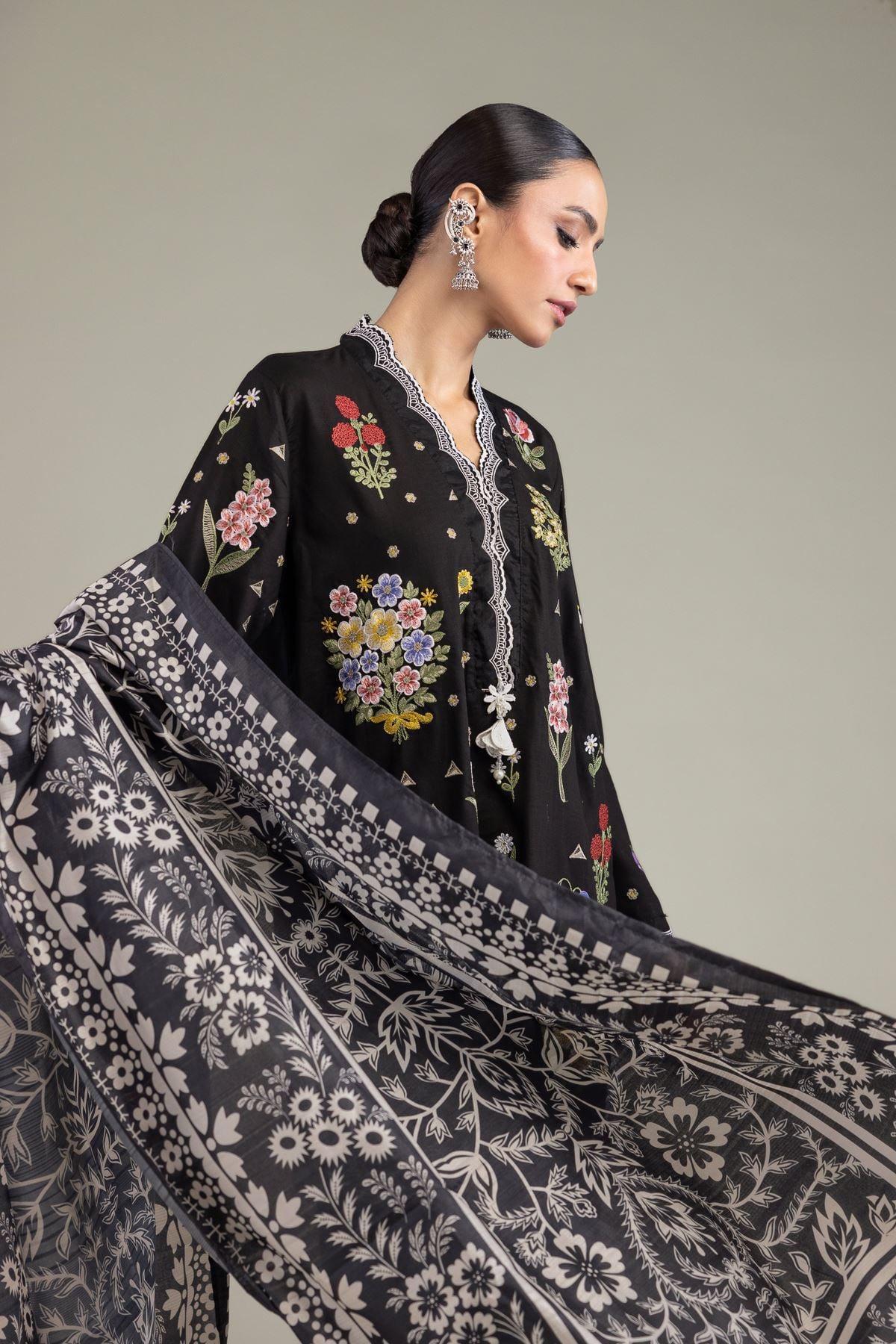 Embroidered Polyester Silk Floral Black Dupatta - 2-26-209-A-C1-VG