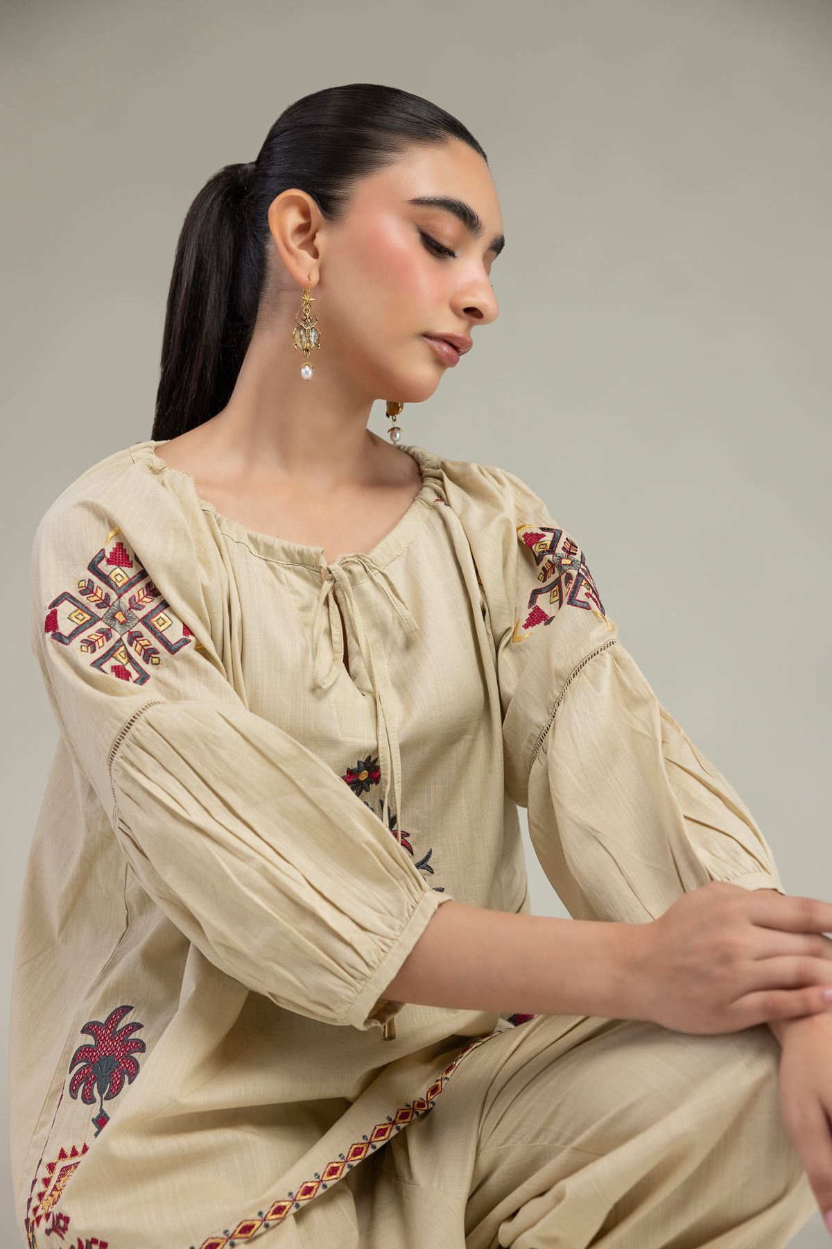 Embroidered Textured Cotton Floral Cotton Blouse - 6-26-204-A-D2-VG