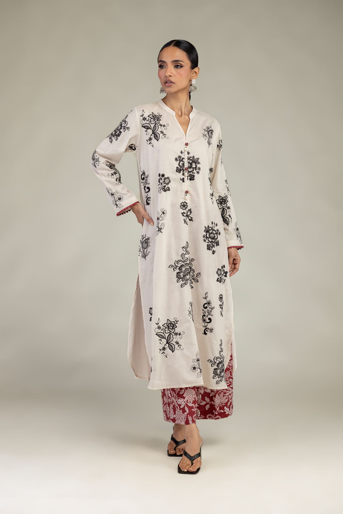 Embroidered Cotton Dobby Floral Longline Kurta - 1-26-226-A-I1-VG