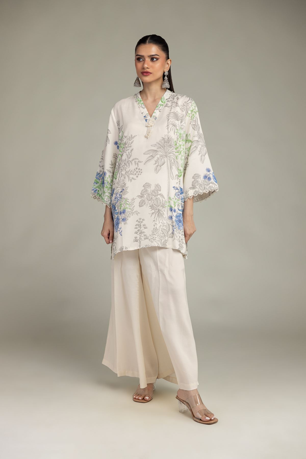 Embroidered Raw Silk Floral V-Neck Kurta - 1-26-221-A-G1-VG