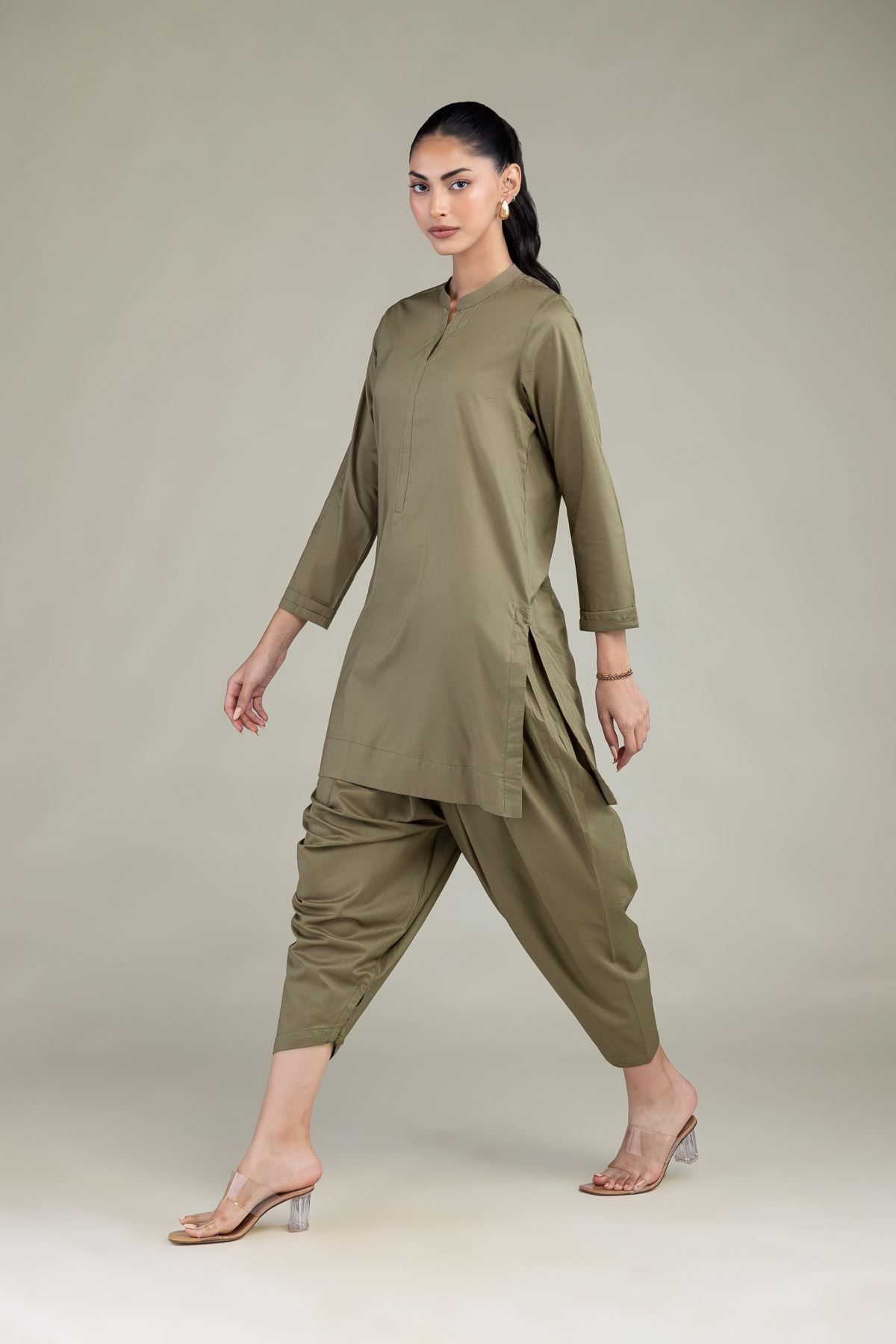 Dyed Cotton Viscose Solid Olive Shalwar - 2-26-301-B-F1-VG