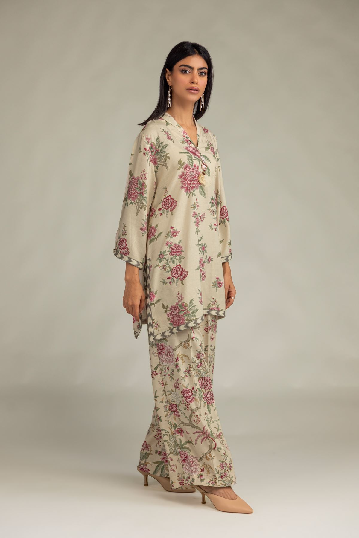 Printed Raw Silk Floral Longline Kurta - 1-26-102-A-F-VG