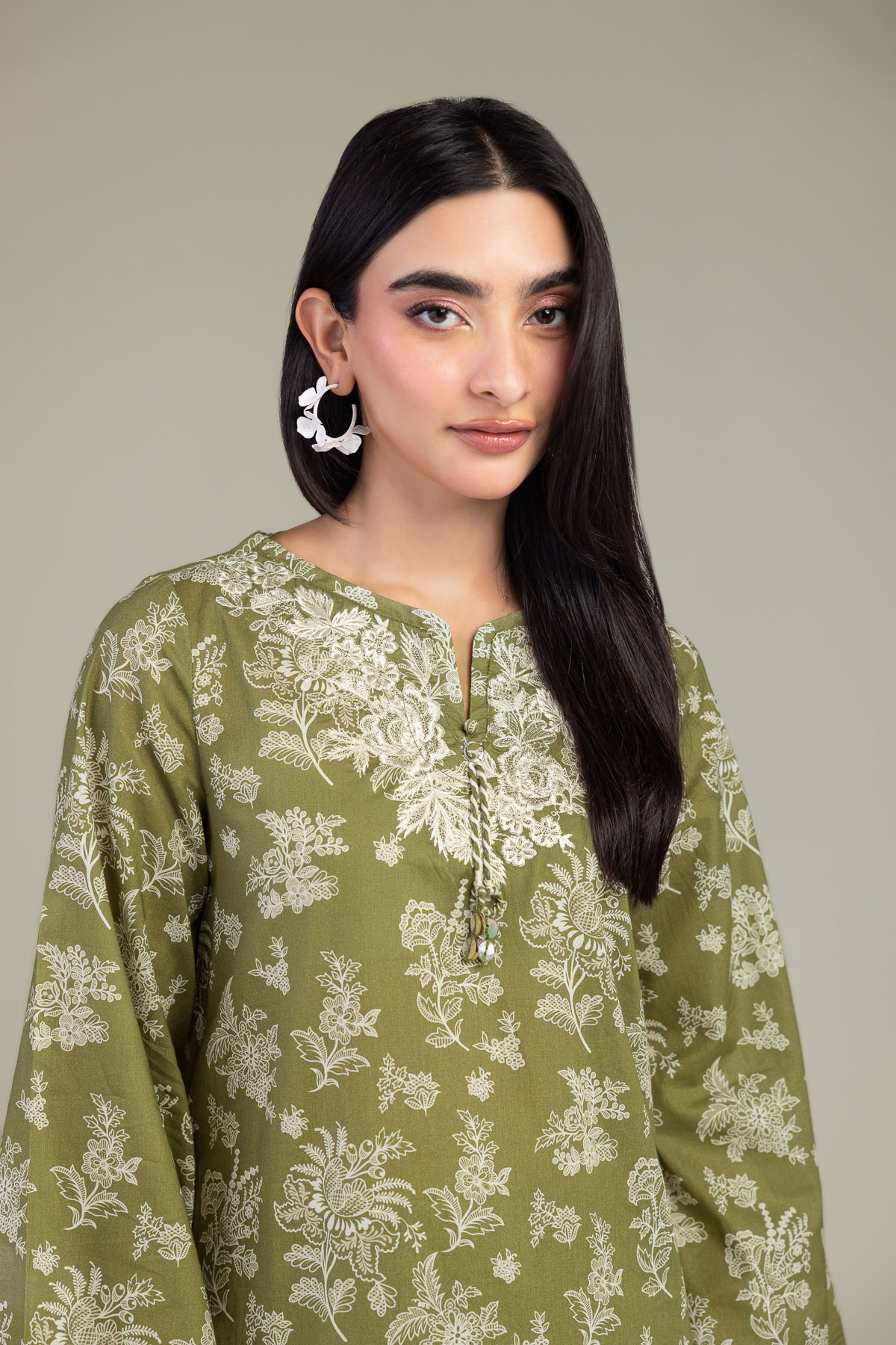 Embroidered Cambric Olive Longline Kurta - 1-26-102-A-F-VG