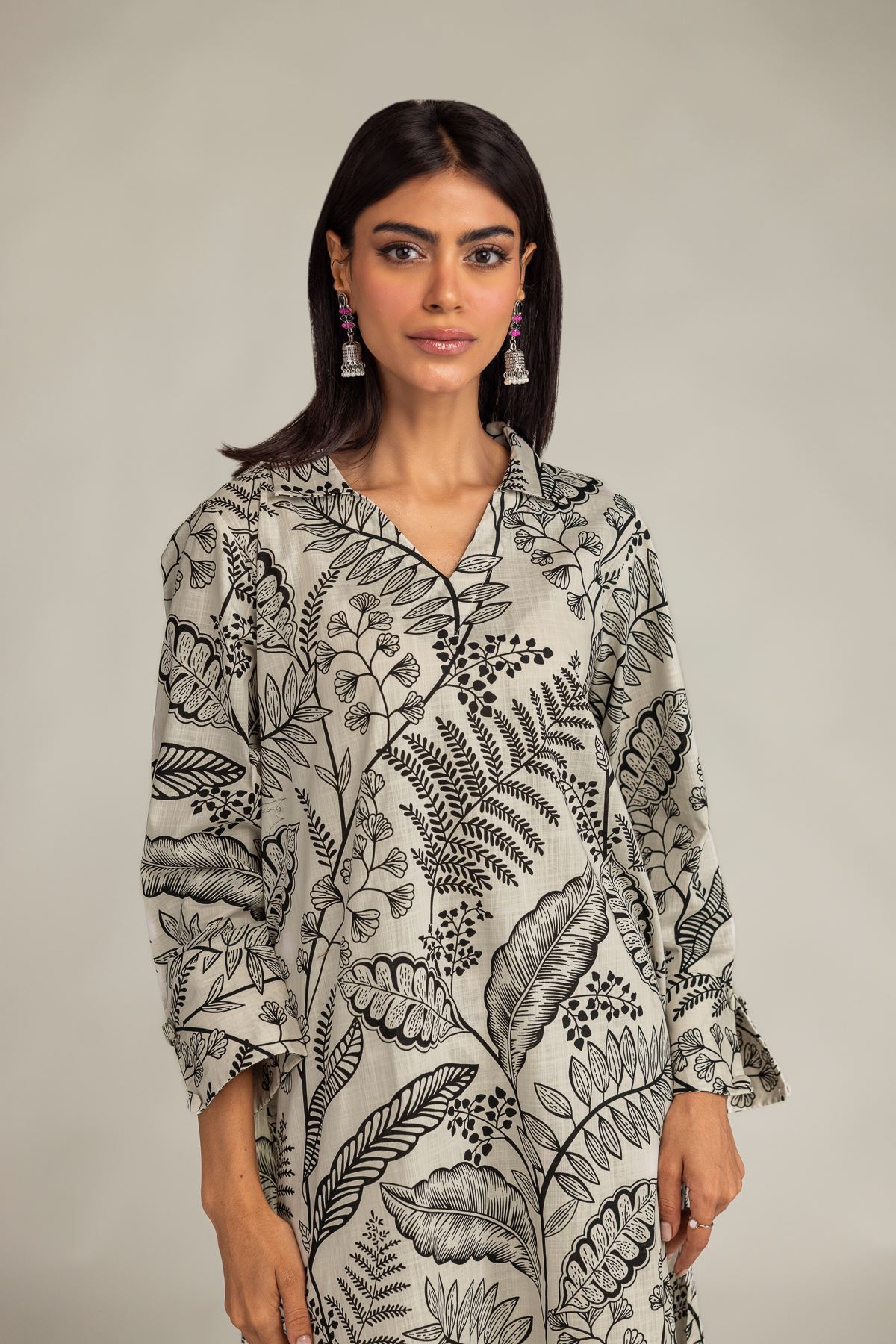 Printed Textured Cotton V-Neck Longline Kurta - 1-26-229-B-F1-VG