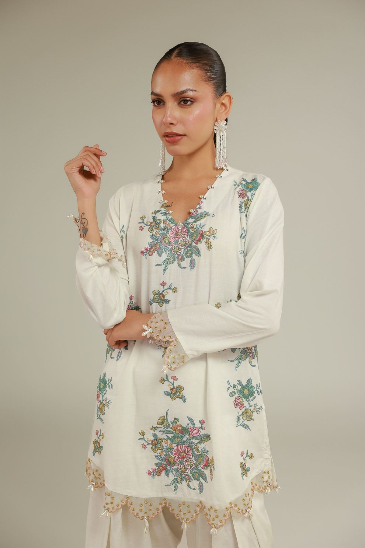 Embroidered Raw Silk Floral V-Neck Kurta - 1-26-146-A-D-VG