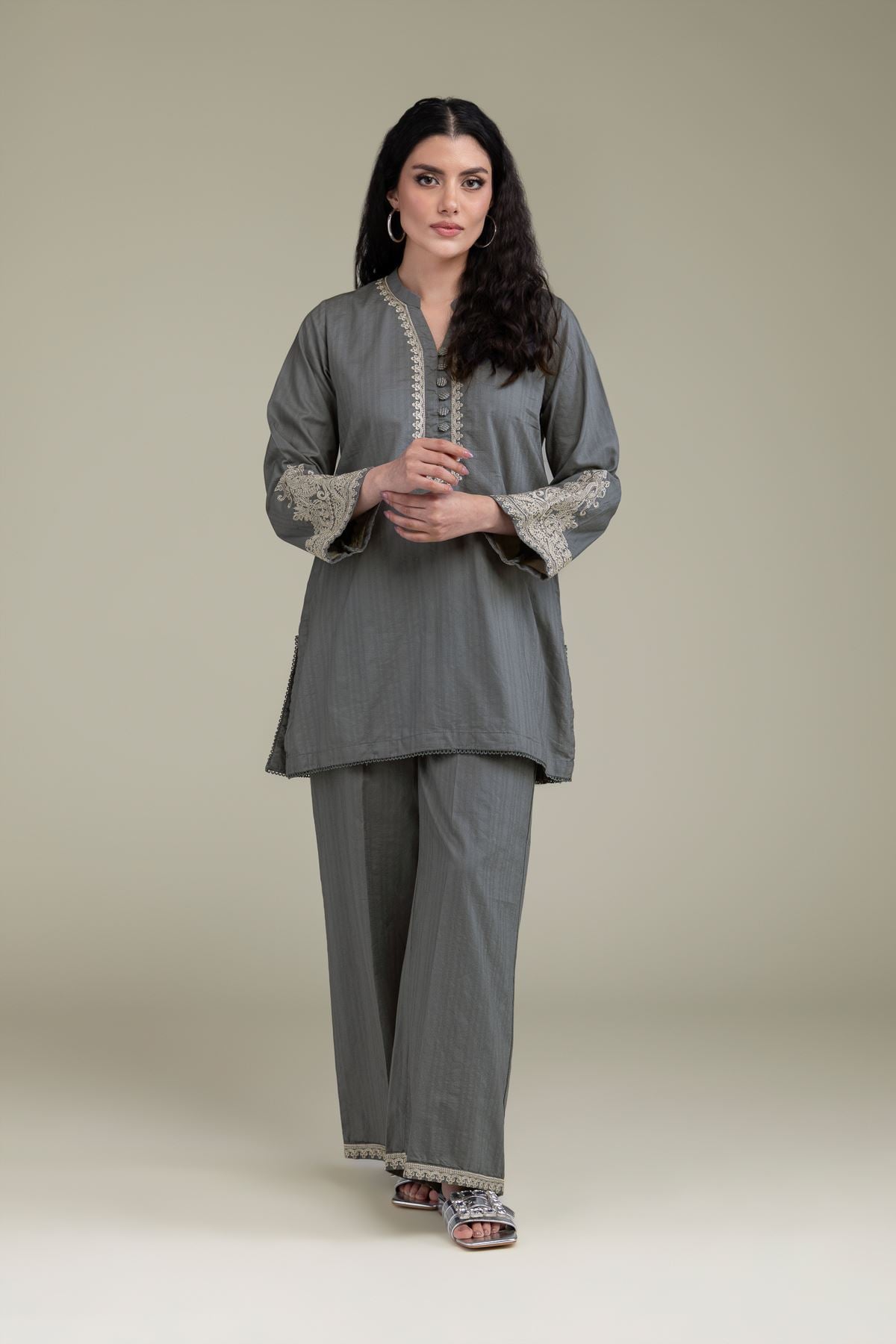 Embroidered Cotton Dobby Solid Cotton Pants - 25-10-12E1-06TA-VG