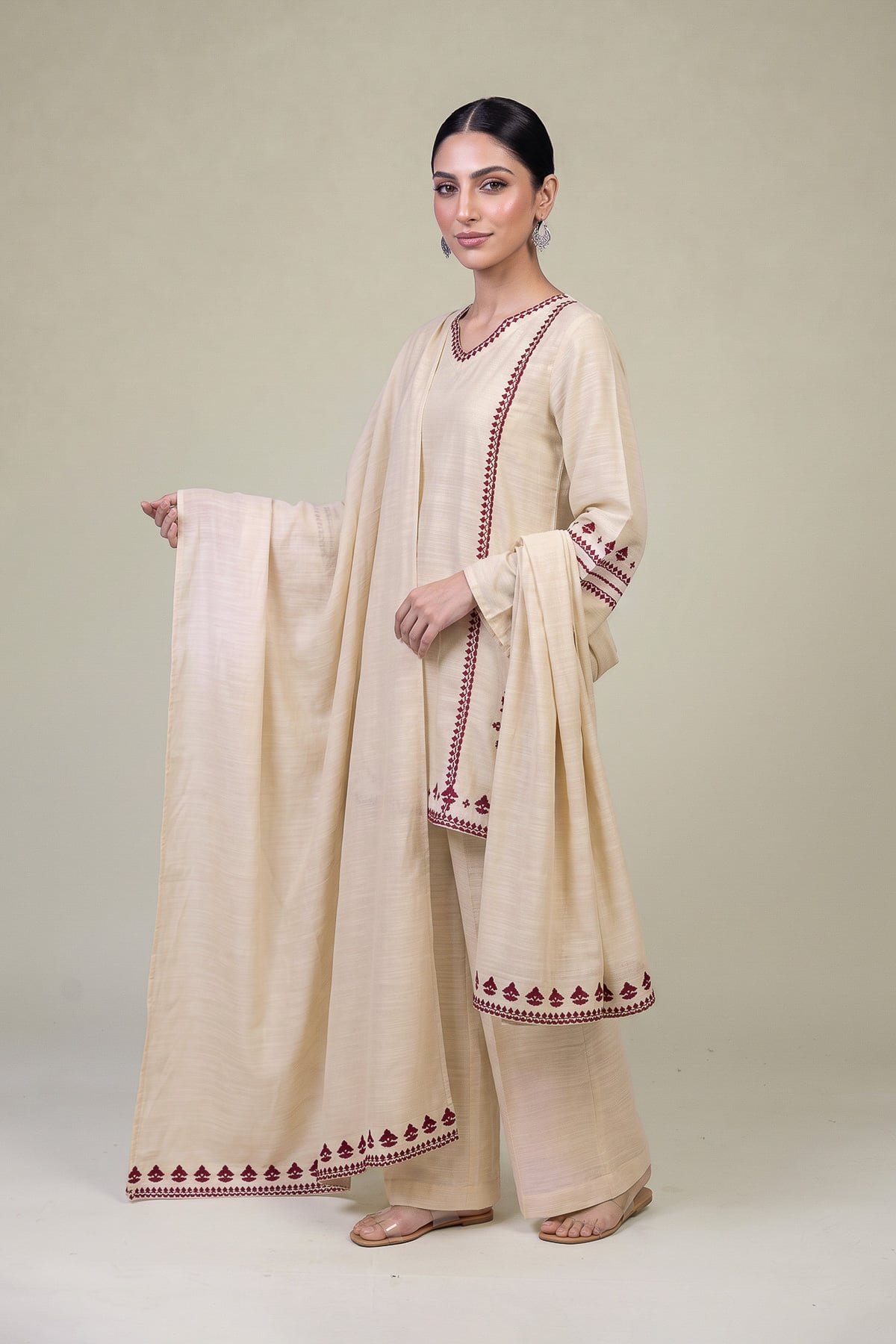 Embroidered Light Khaddar Floral Beige Dupatta - 1-26-457-A-C1-VG