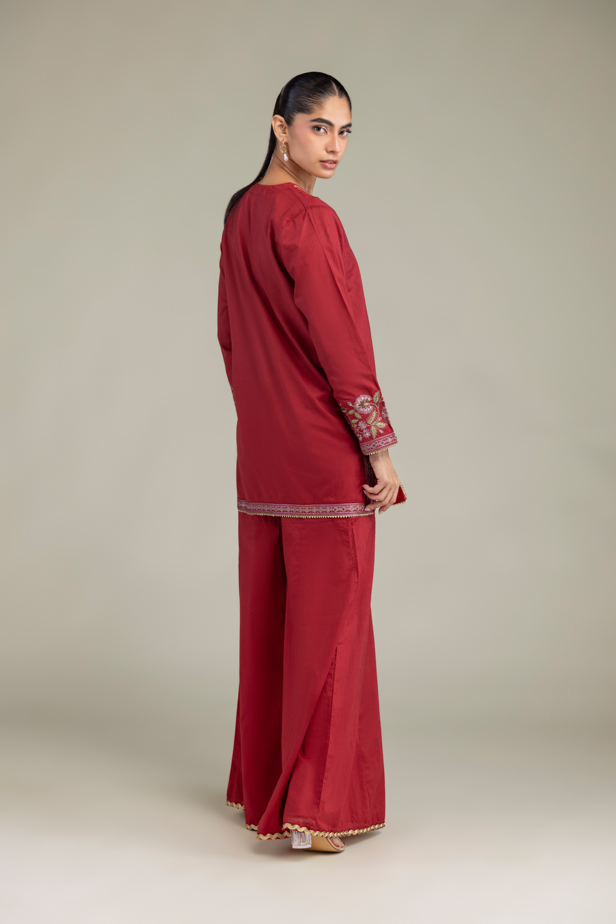 Embroidered Cambric Red Floral Kurta - 1-26-102-A-F-VG