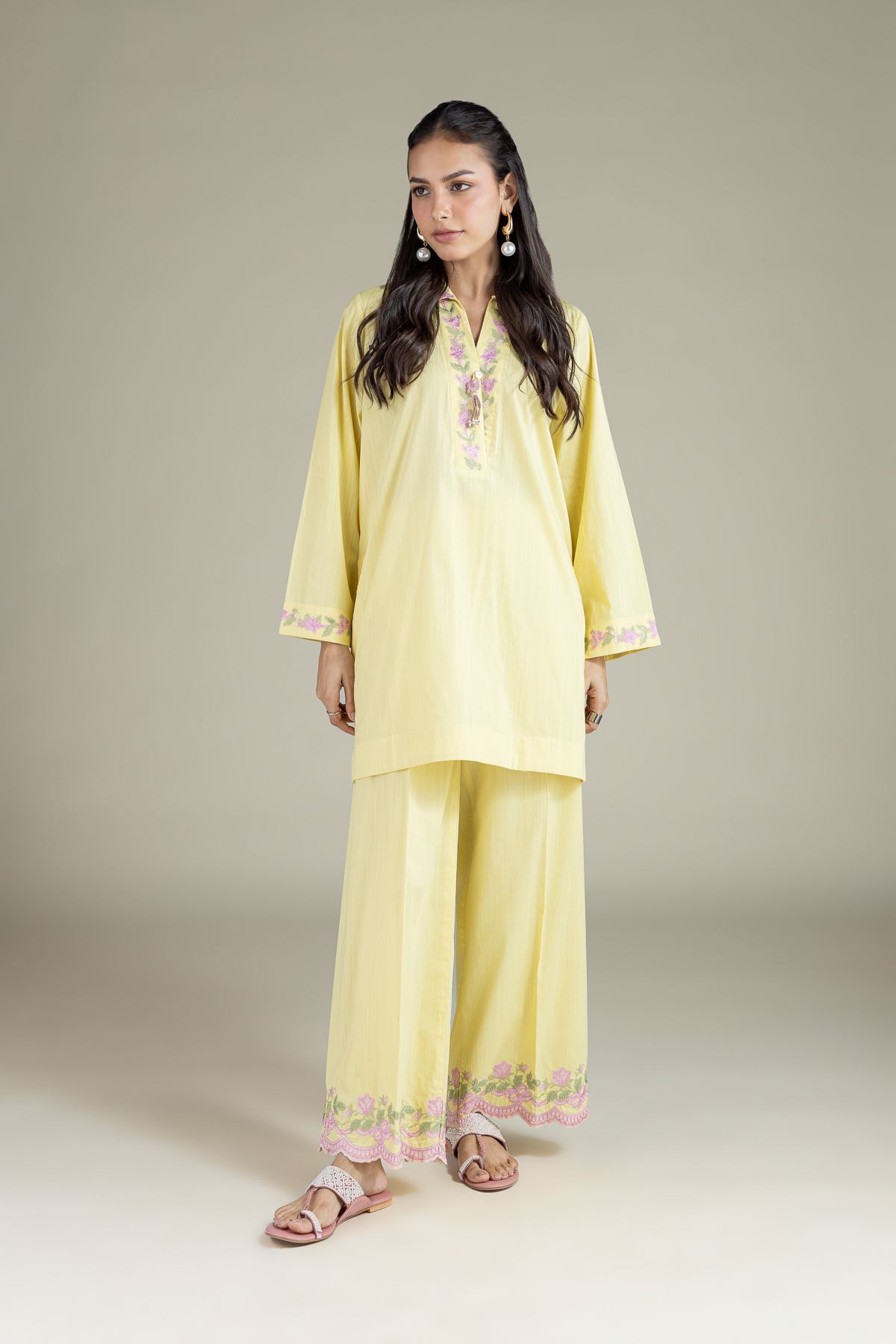 Embroidered Textured Cambric Floral V-Neck Kurta - 1-26-143-A-H-VG