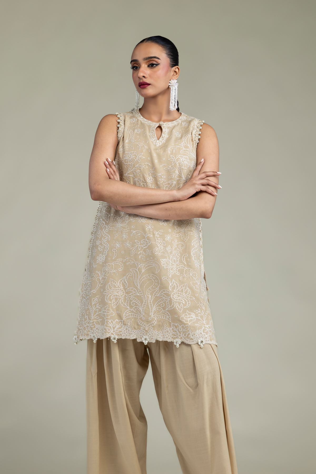 Embroidered Raw Silk Beige Sleeveless Kurta - 2-26-304-C-G1-VG