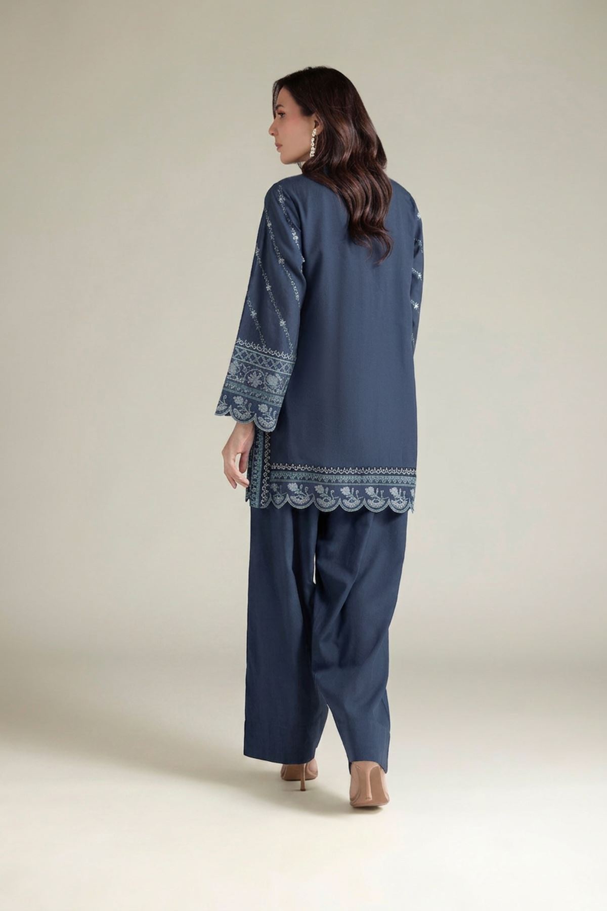 Embroidered Textured Cotton Tailored 2 Piece | Top and Bottom - T-A22-26-207EA2-VG