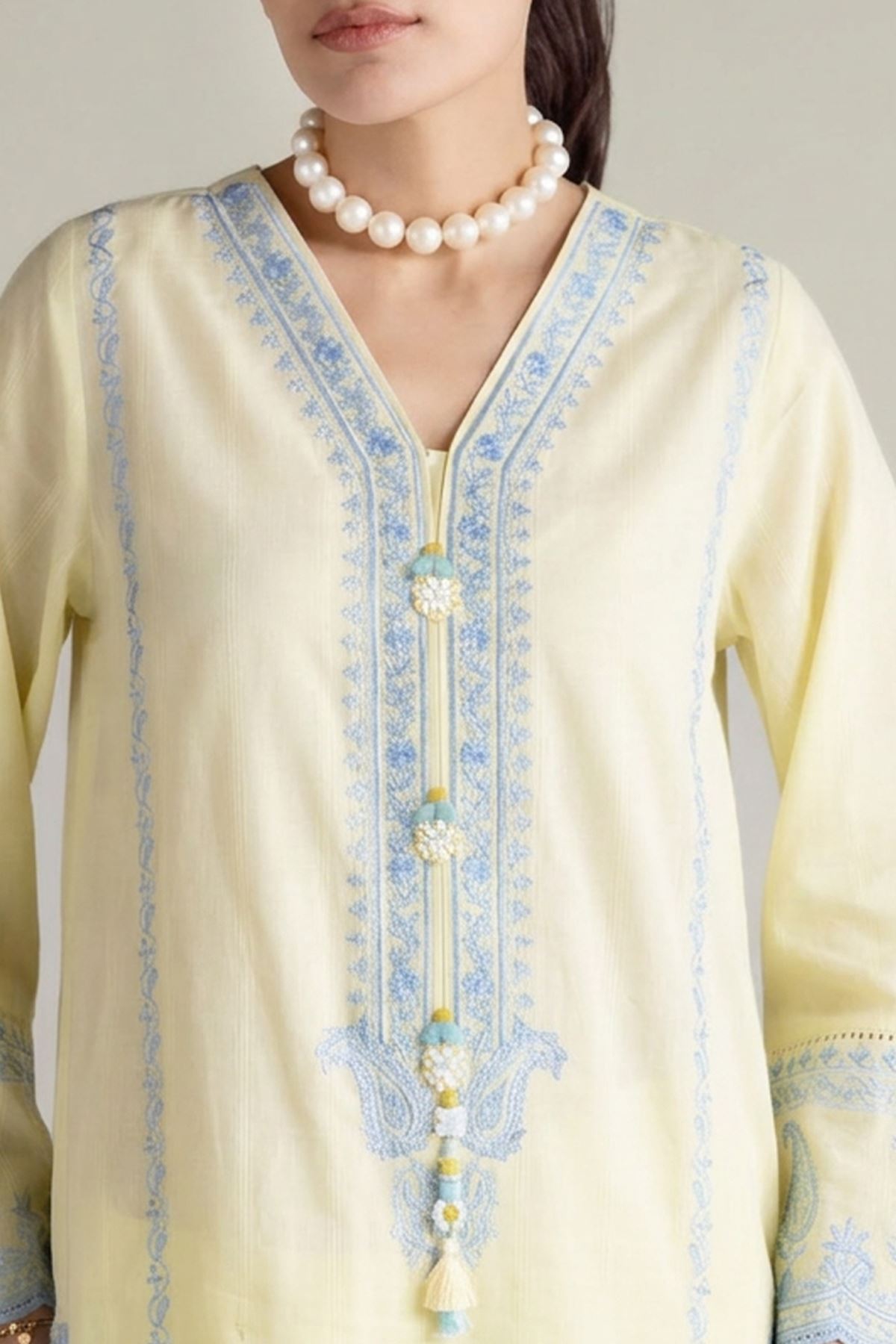 Embroidered Textured Cotton Tailored 2 Piece | Top and Bottom - T-A11-26-118FI2-VG