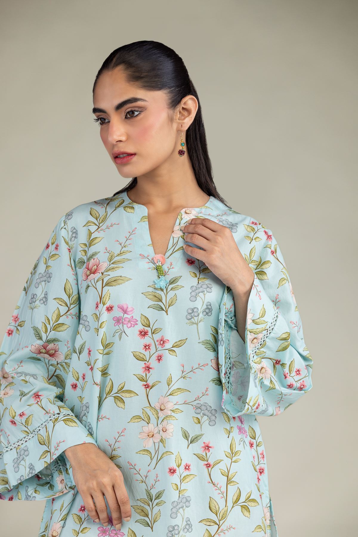 Printed Cotton Viscose Blue V-Neck Kurta - 1-26-216-B-F1-VG